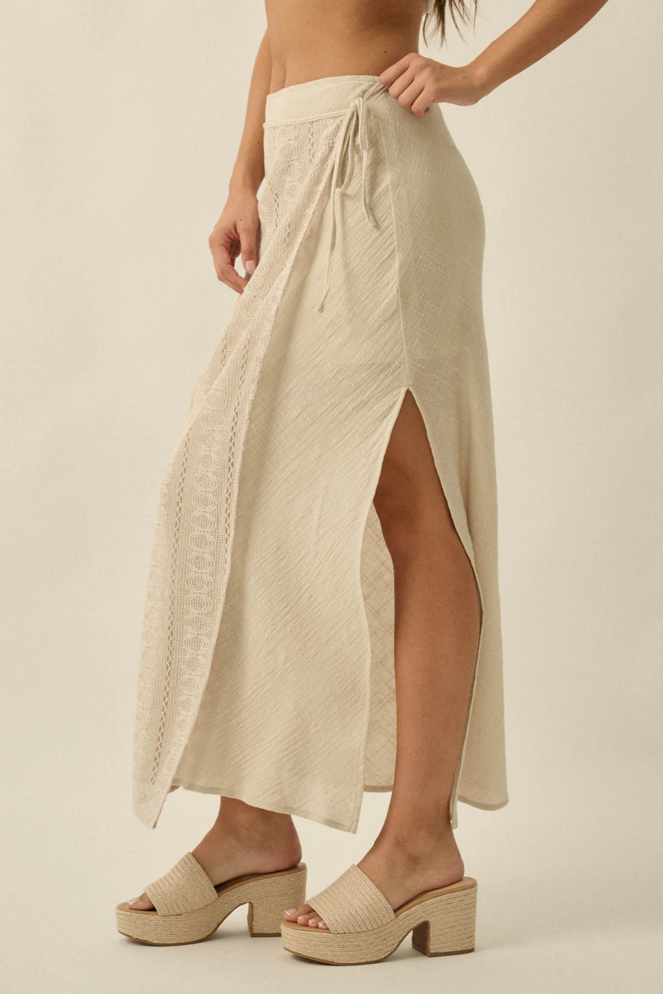 Living Easy Cotton Gauze and Lace Wrap Maxi Skirt - Image 11