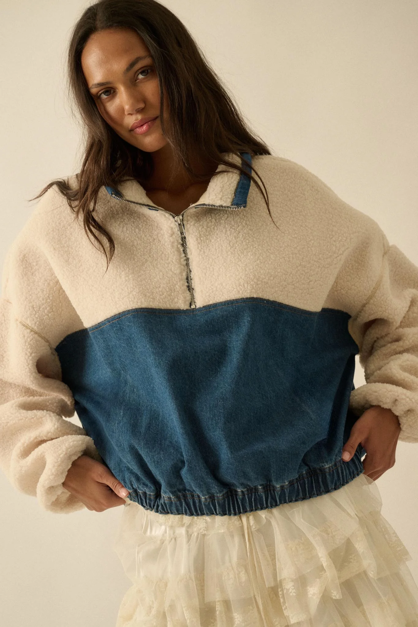 Living Life Denim and Fleece Half-Zip Pullover - Image 4