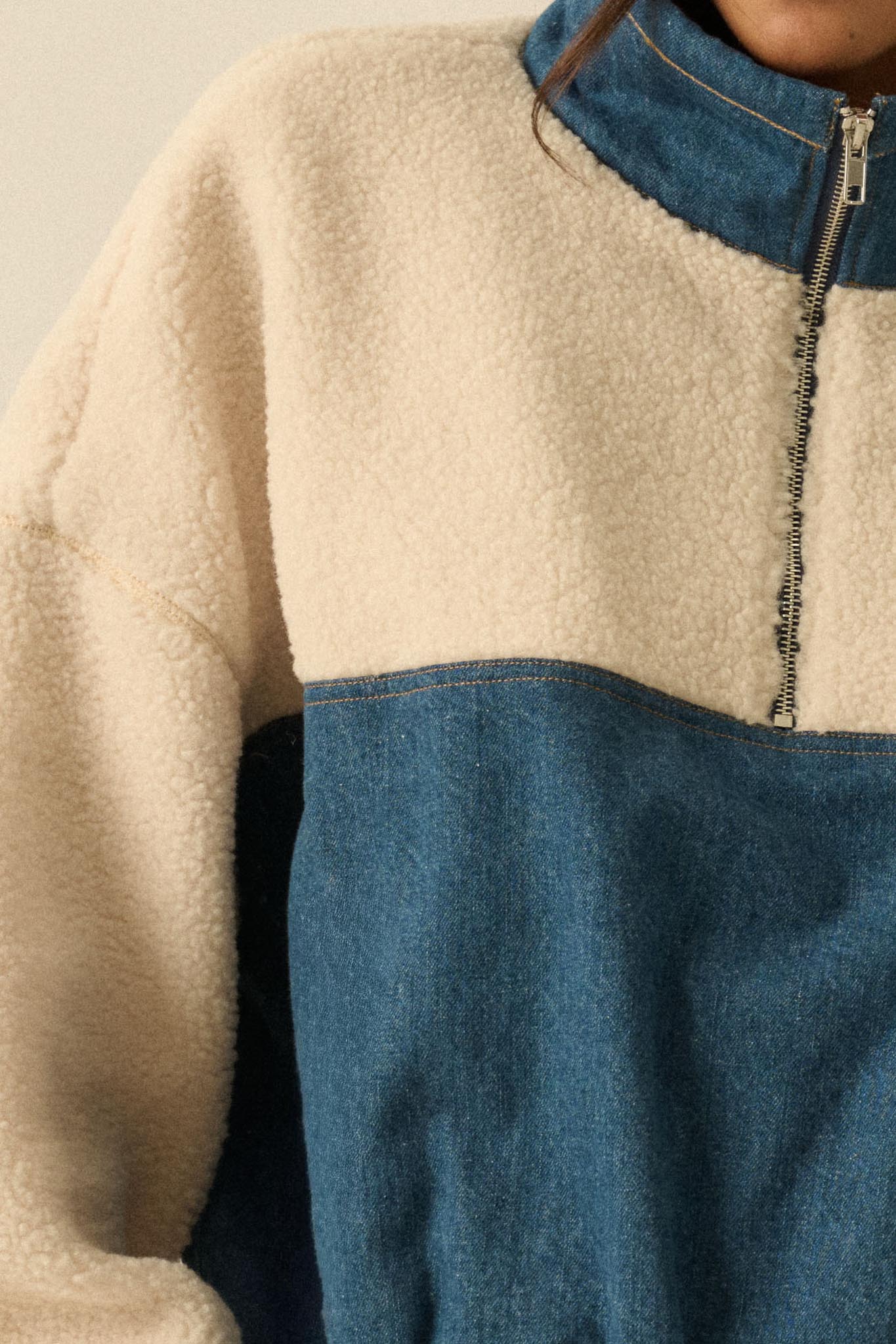 Living Life Denim and Fleece Half-Zip Pullover - Image 5