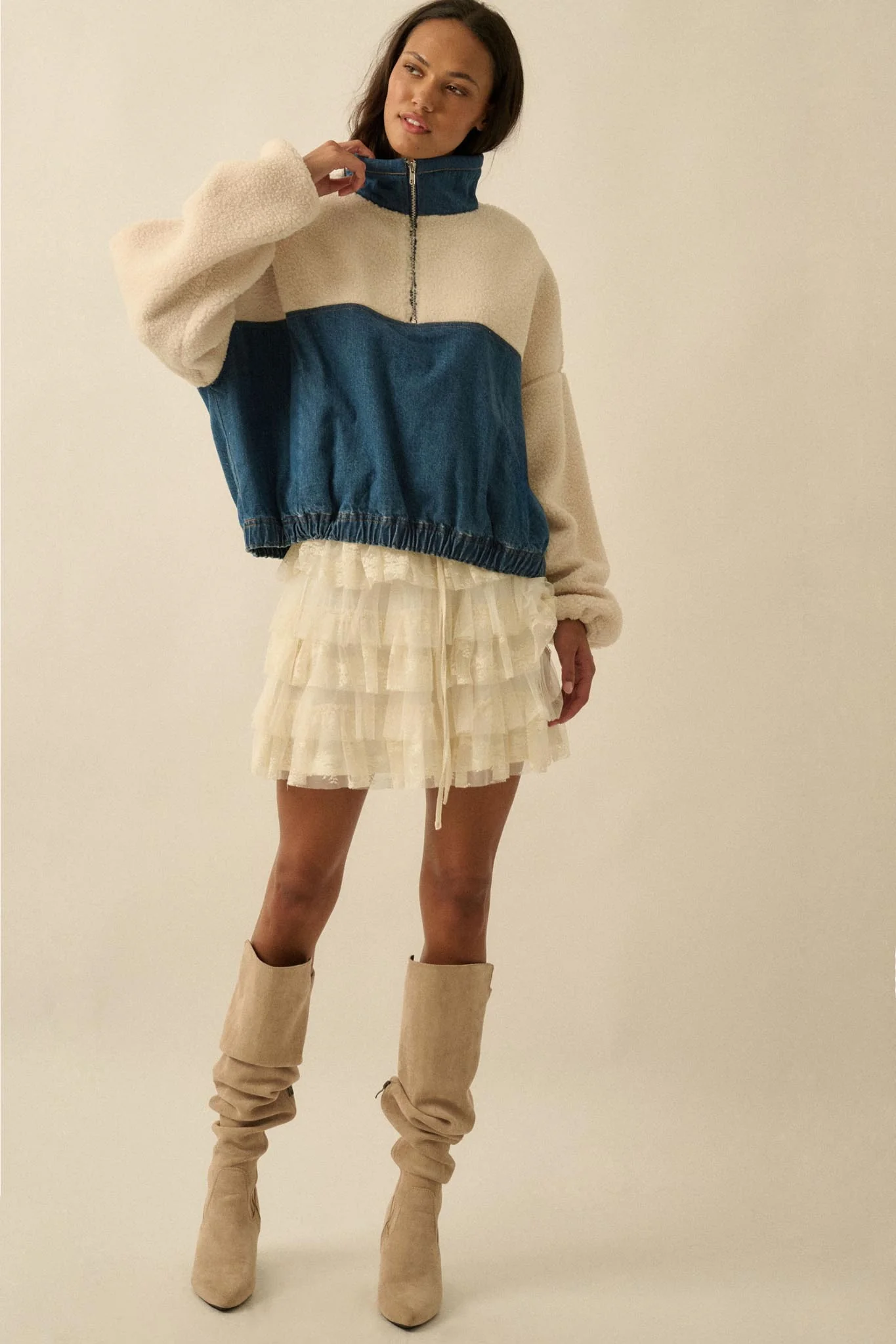 Living Life Denim and Fleece Half-Zip Pullover - Image 6