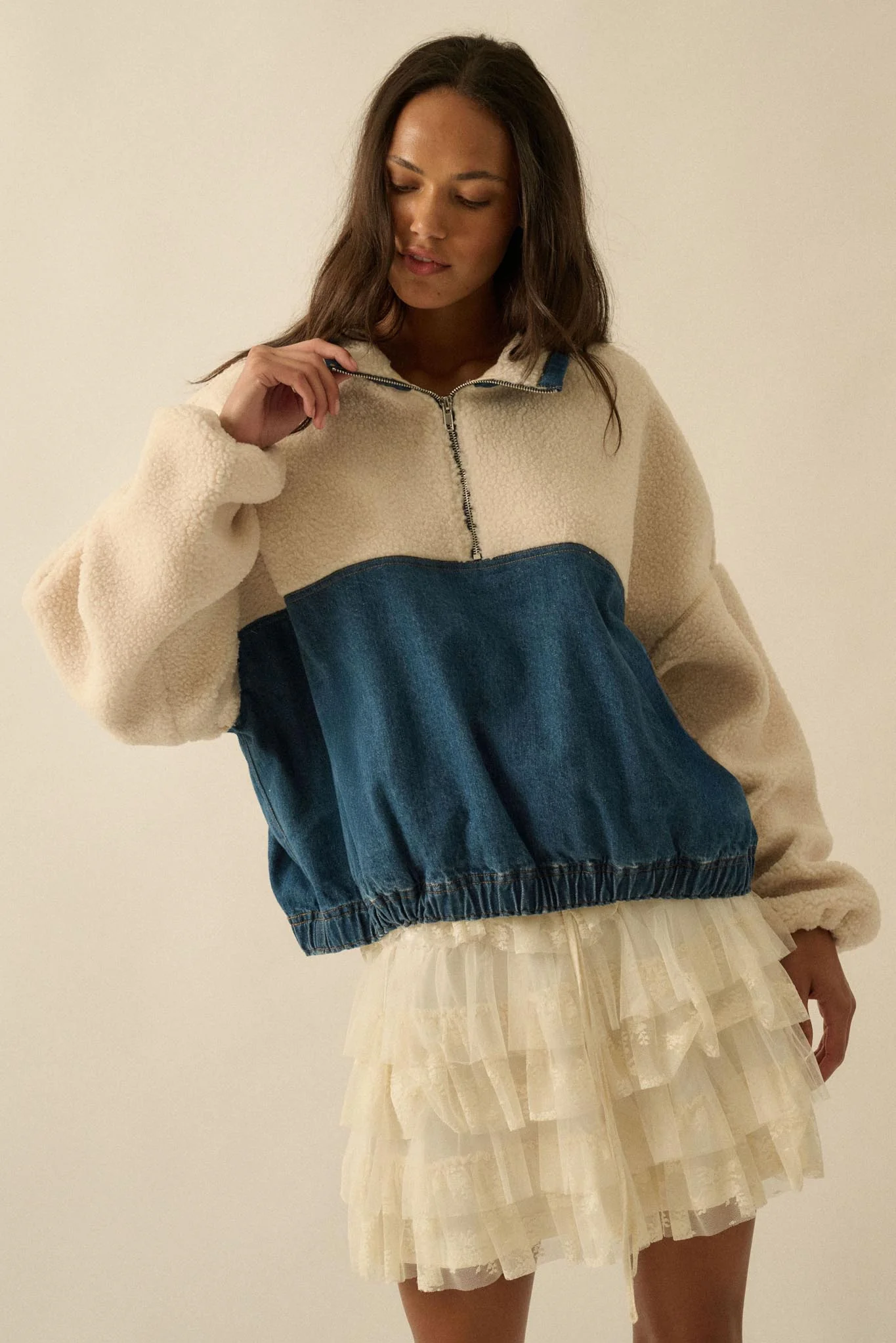 Living Life Denim and Fleece Half-Zip Pullover - Image 7