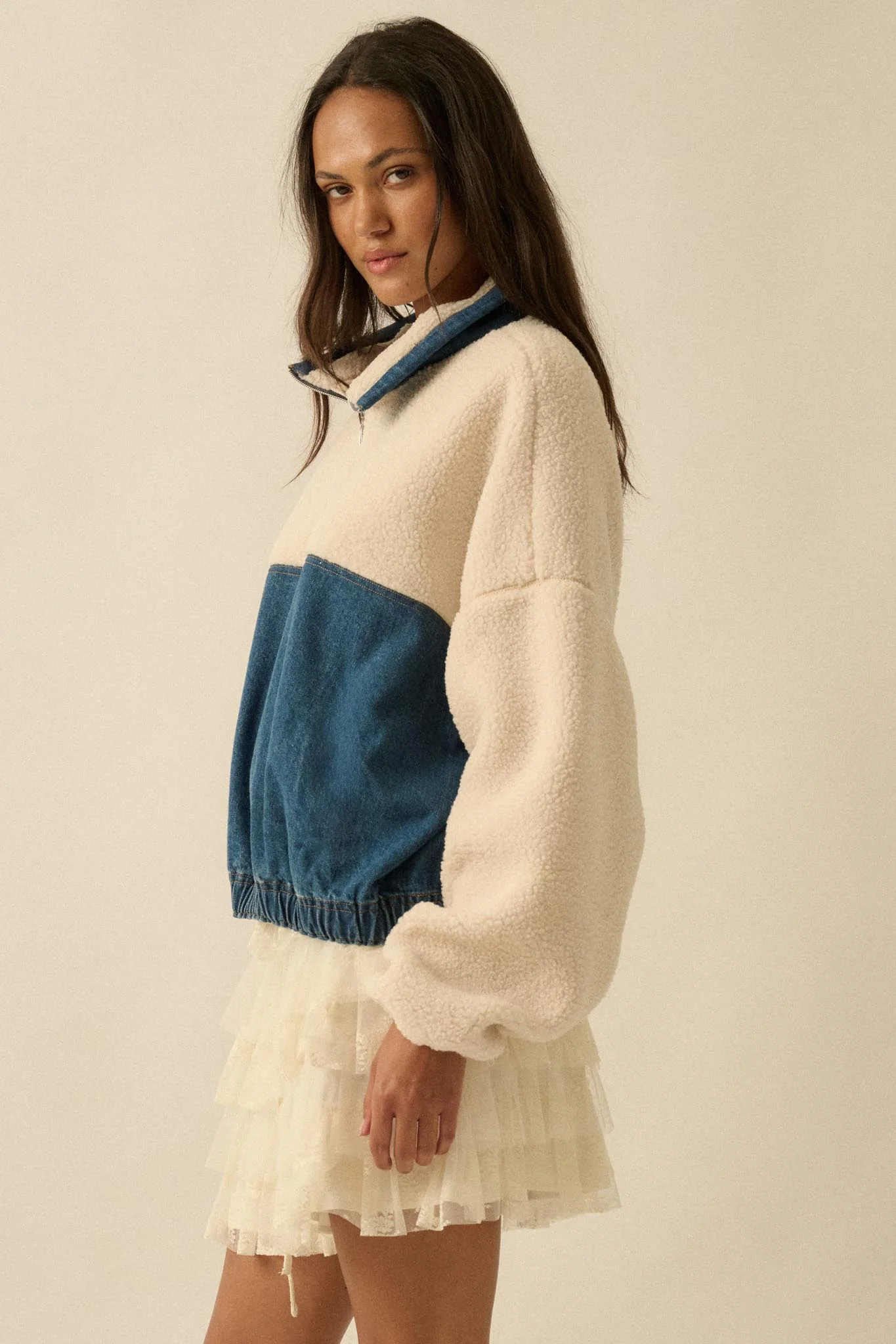 Living Life Denim and Fleece Half-Zip Pullover - Image 9