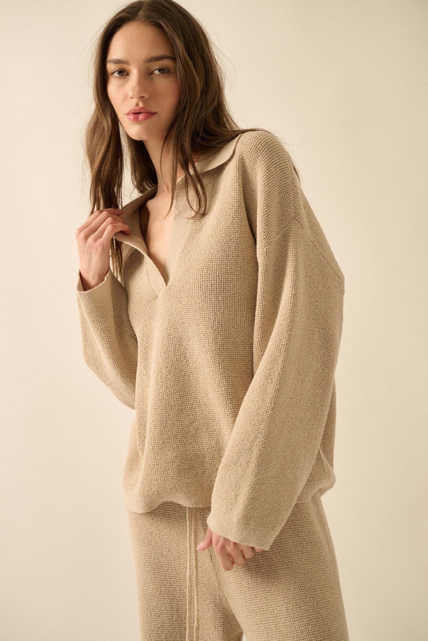 Looking Good Textured Knit Collared V-Neck Sweater - Image 4