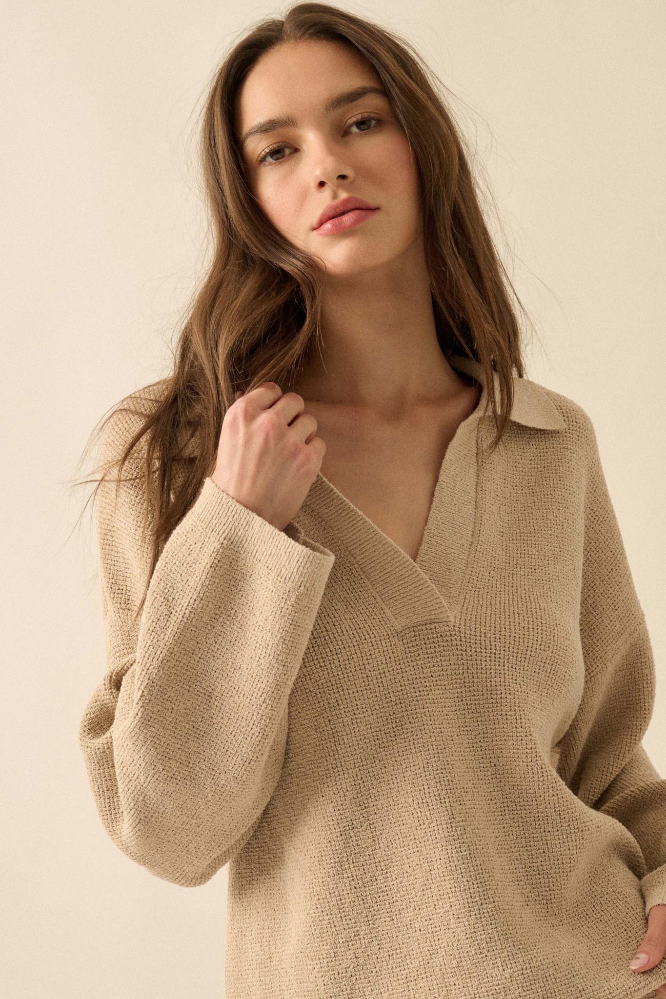 Looking Good Textured Knit Collared V-Neck Sweater - Image 6