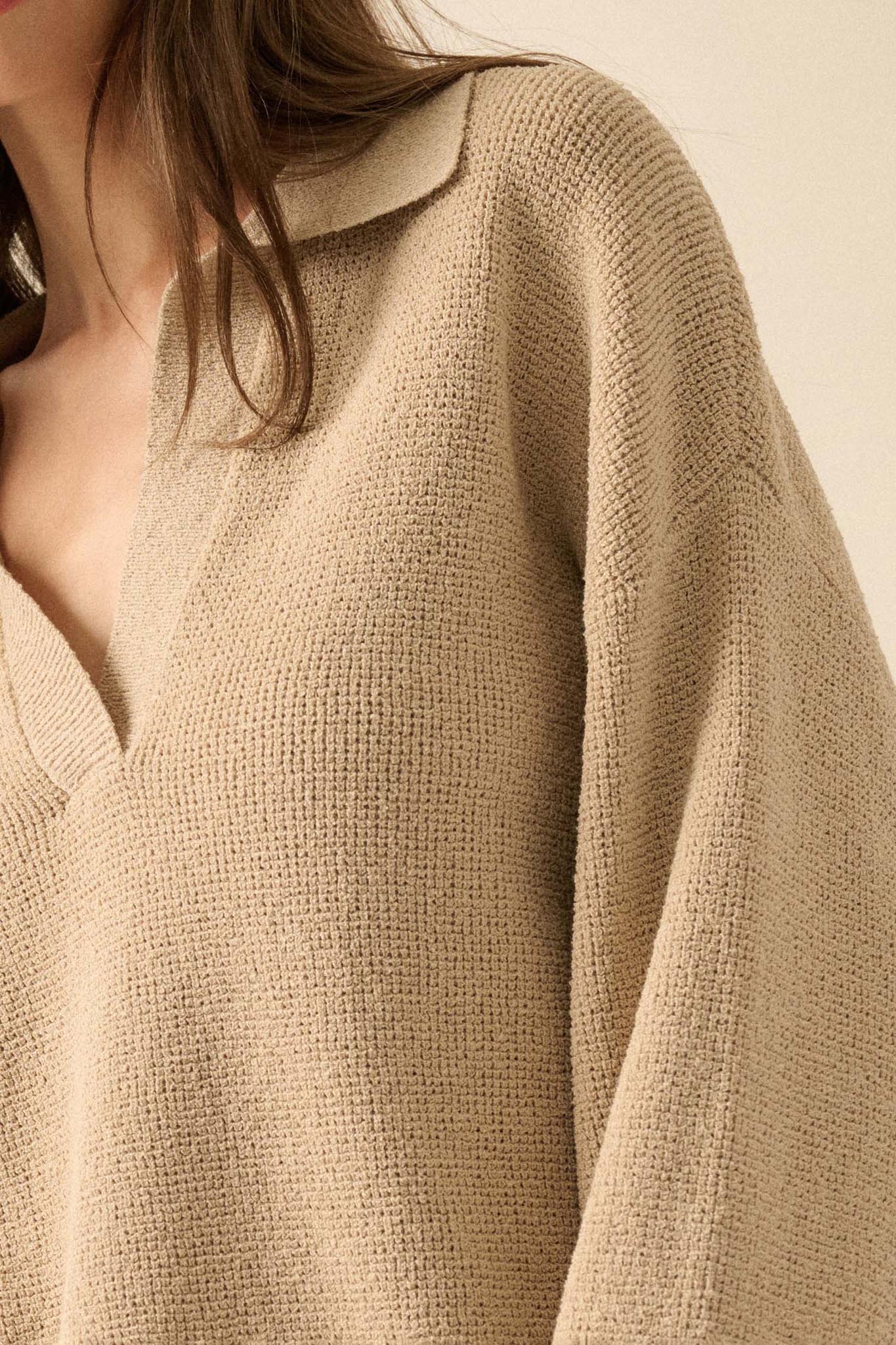 Looking Good Textured Knit Collared V-Neck Sweater - Image 7