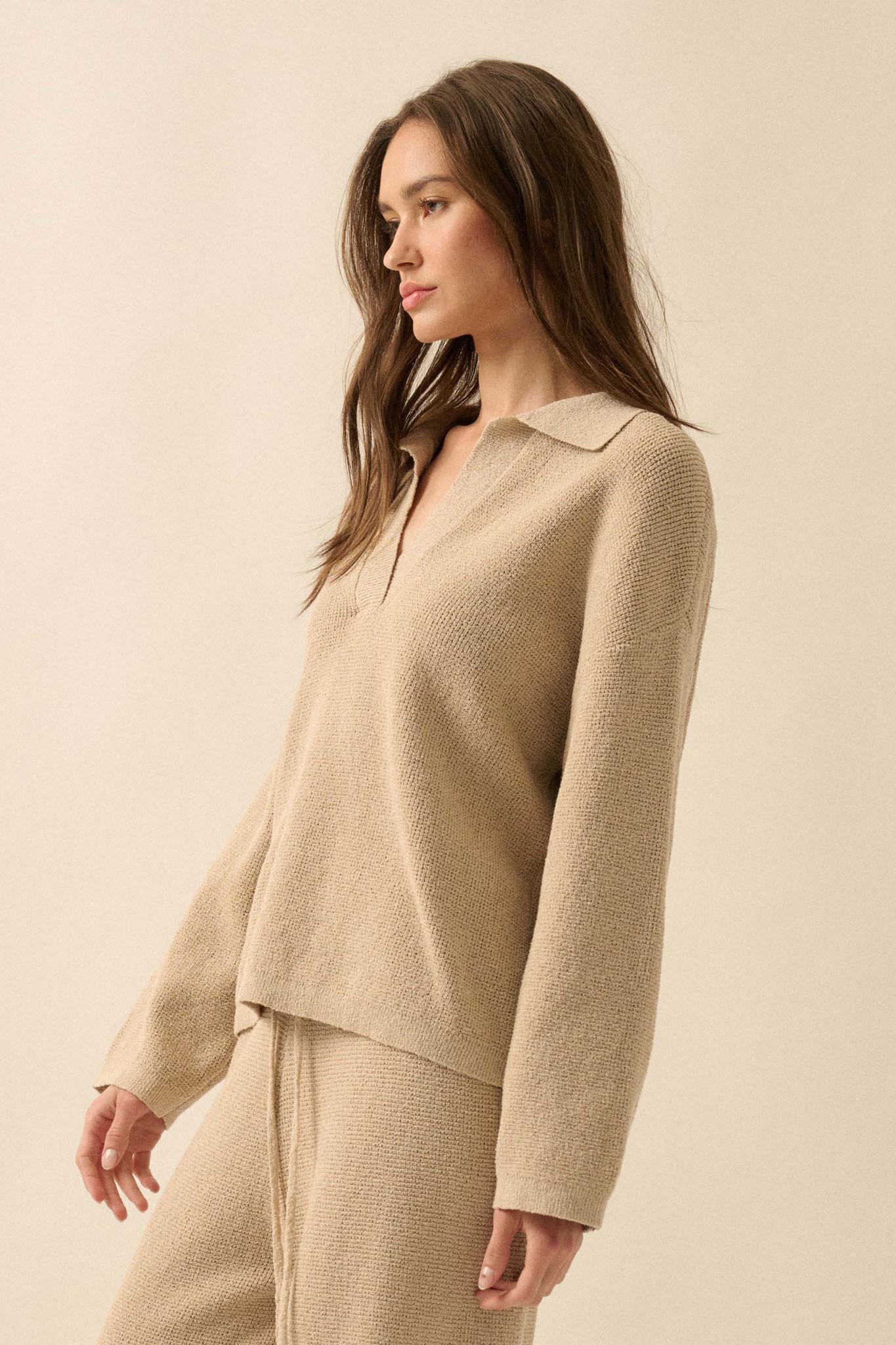 Looking Good Textured Knit Collared V-Neck Sweater - Image 8