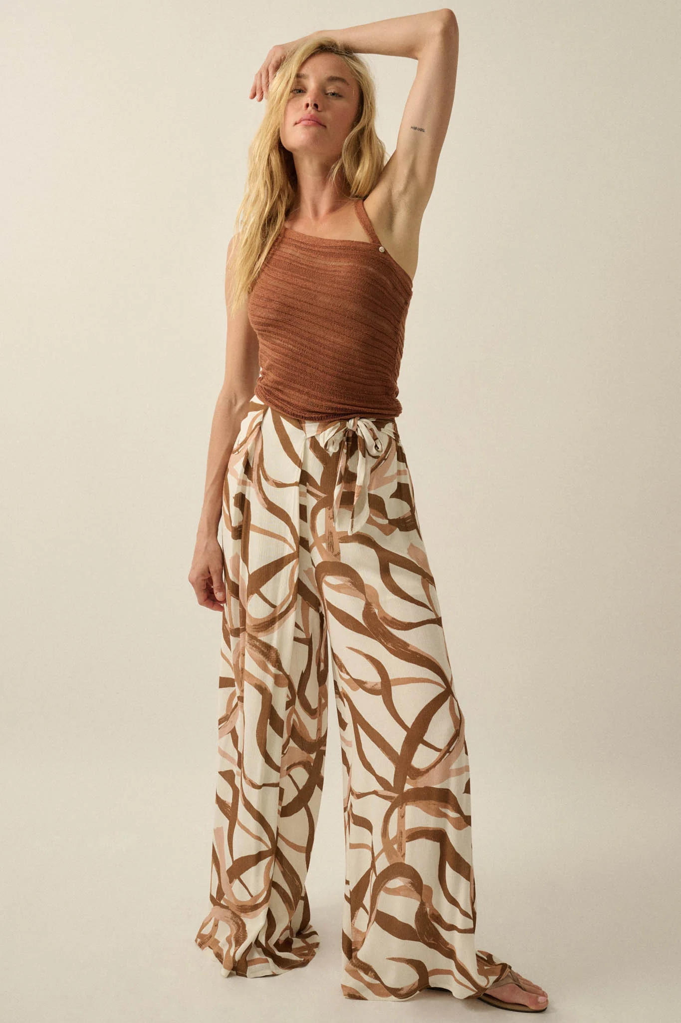 Loose Ends Ribbon-Print Wide-Leg Wrap Pants - Image 4