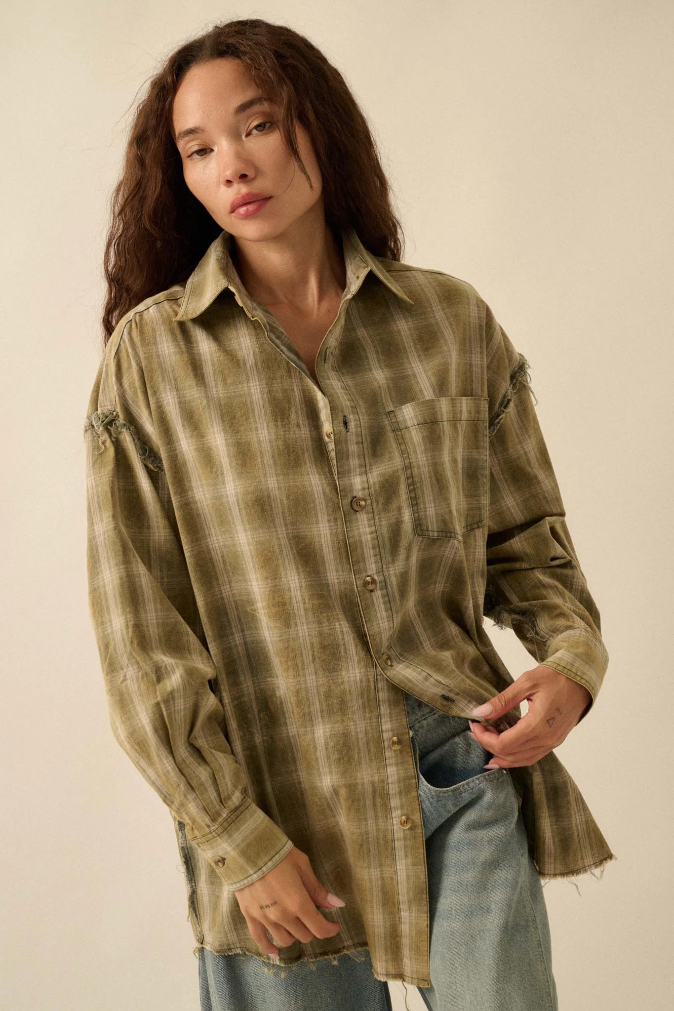 Lost and Found Plaid Raw-Edge Button-Up Shirt - Image 10