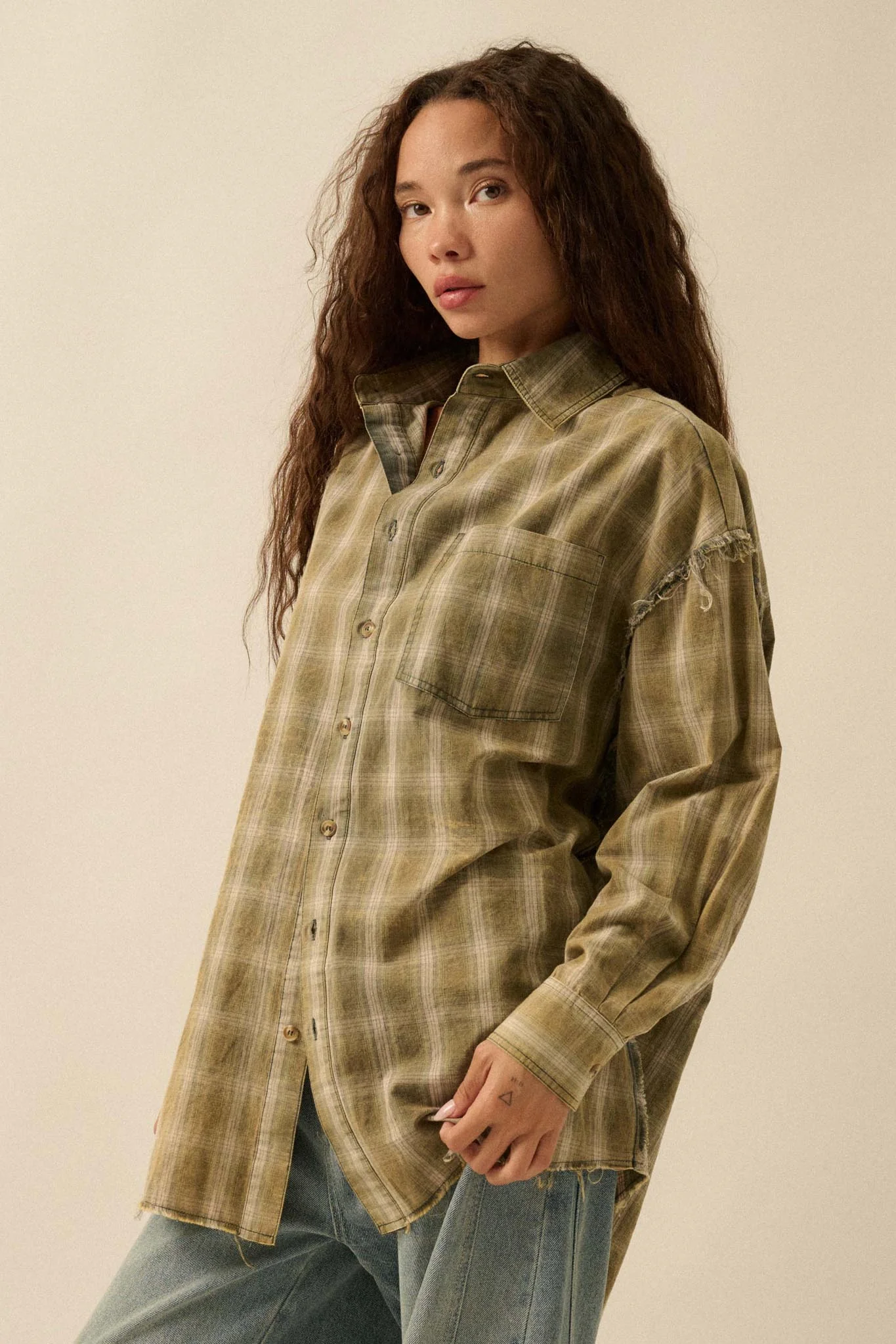 Lost and Found Plaid Raw-Edge Button-Up Shirt - Image 11