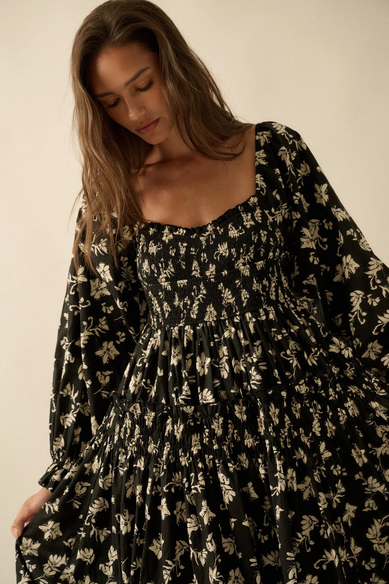 Lost Blossoms Smocked Floral Midi Peasant Dress - Image 2