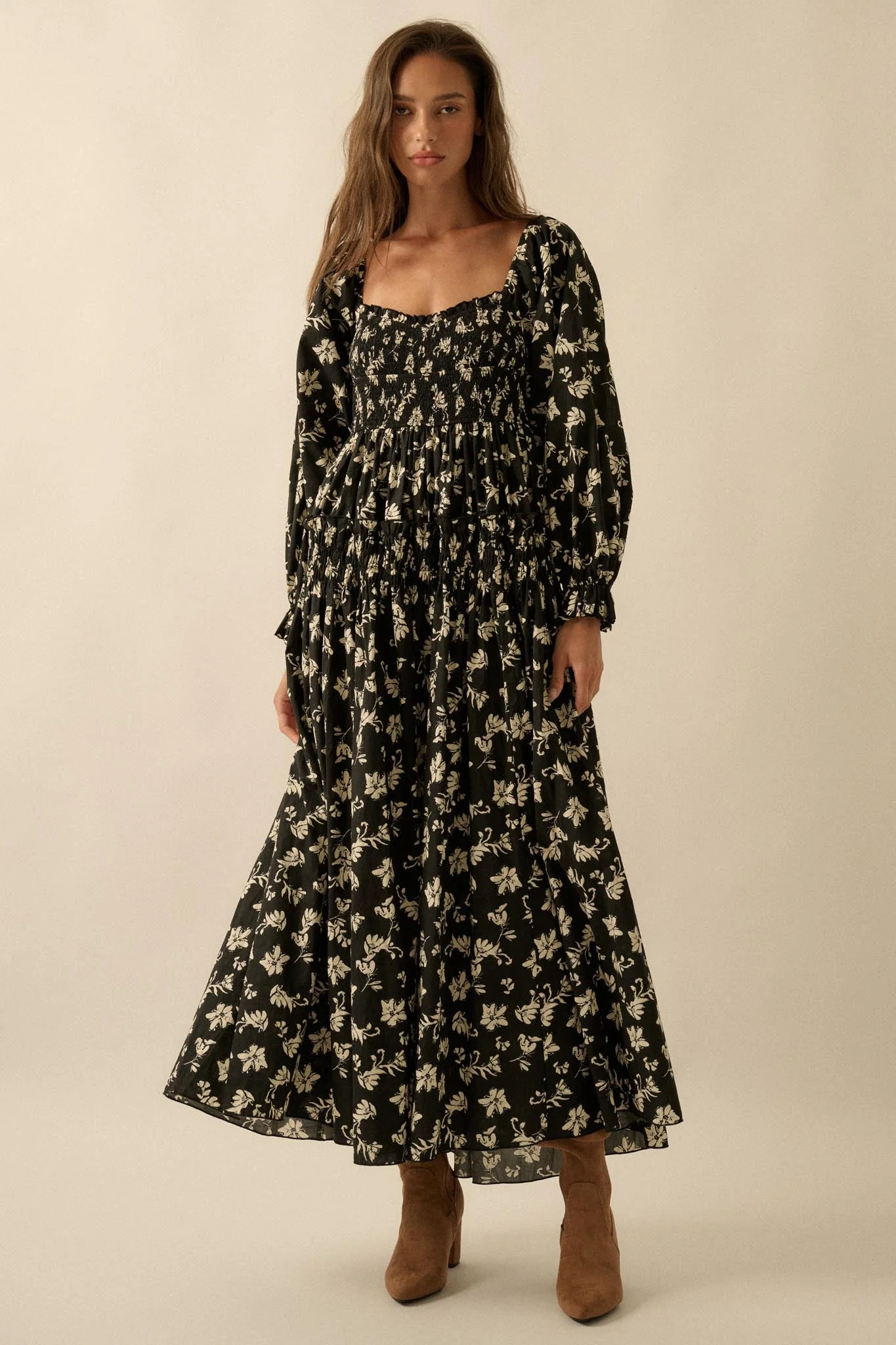 Lost Blossoms Smocked Floral Midi Peasant Dress - Image 3