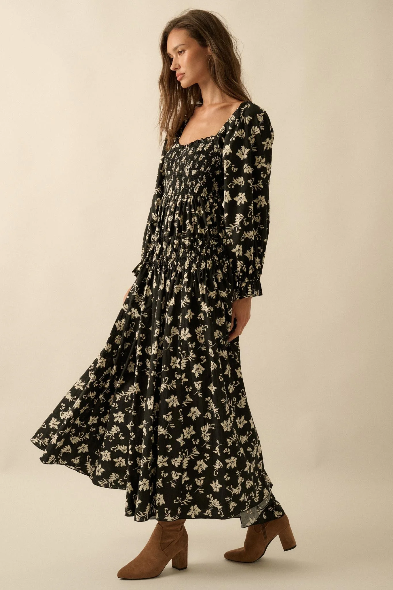 Lost Blossoms Smocked Floral Midi Peasant Dress - Image 5
