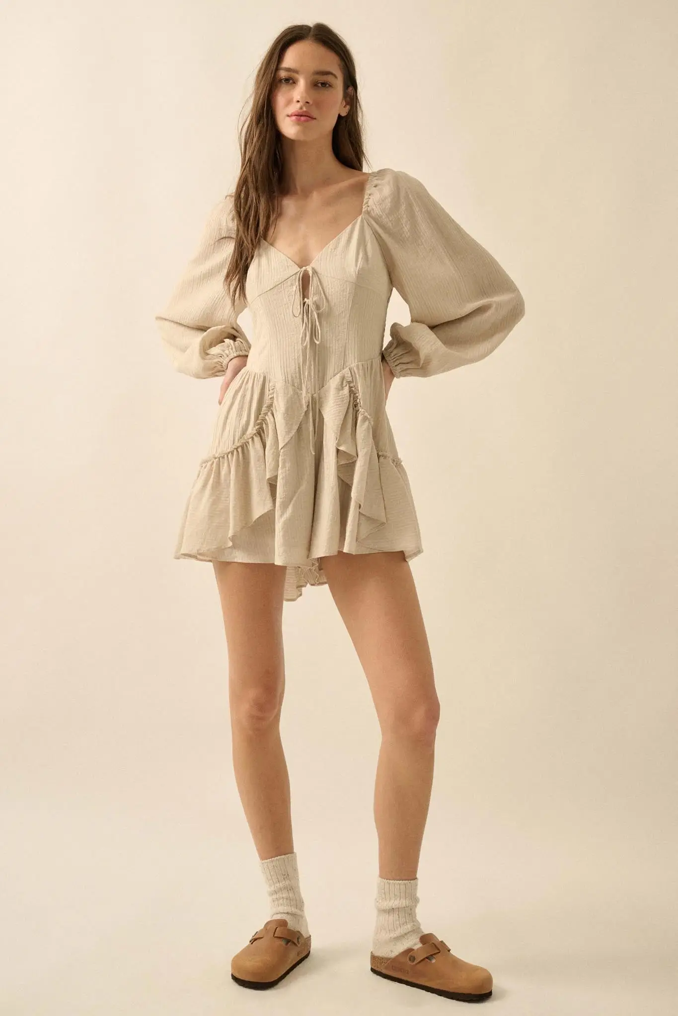Lost in Love Tie-Front Ruffled Peasant Romper - Image 9
