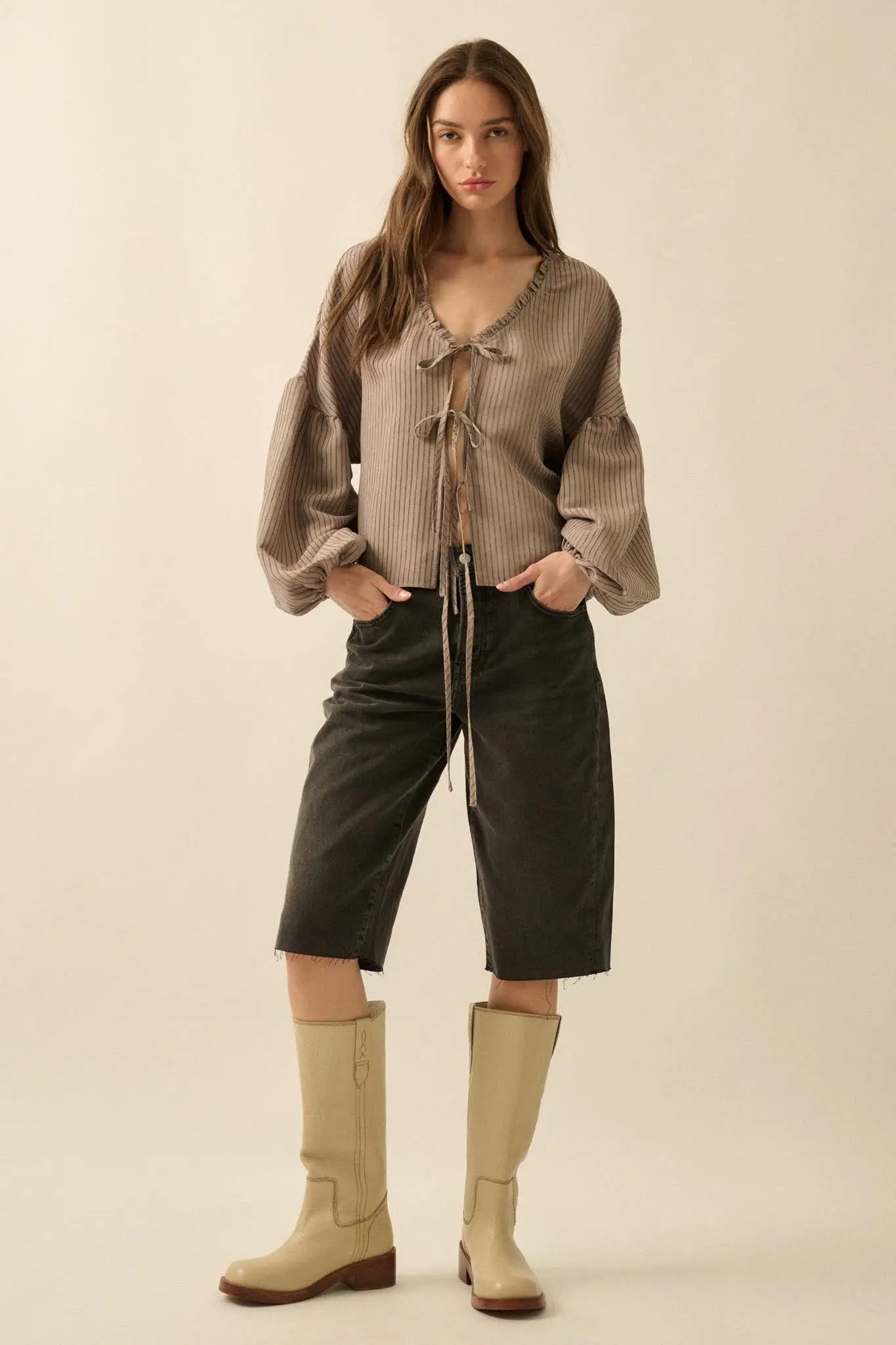 Love Me True Tie-Front Balloon-Sleeve Peasant Top - Image 3