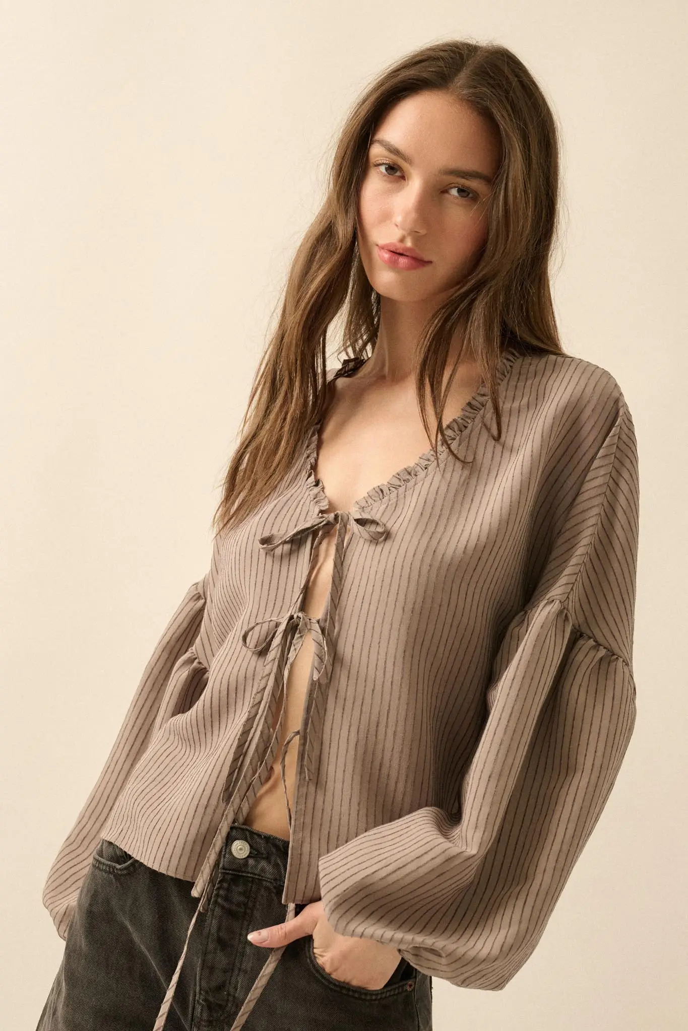 Love Me True Tie-Front Balloon-Sleeve Peasant Top - Image 5