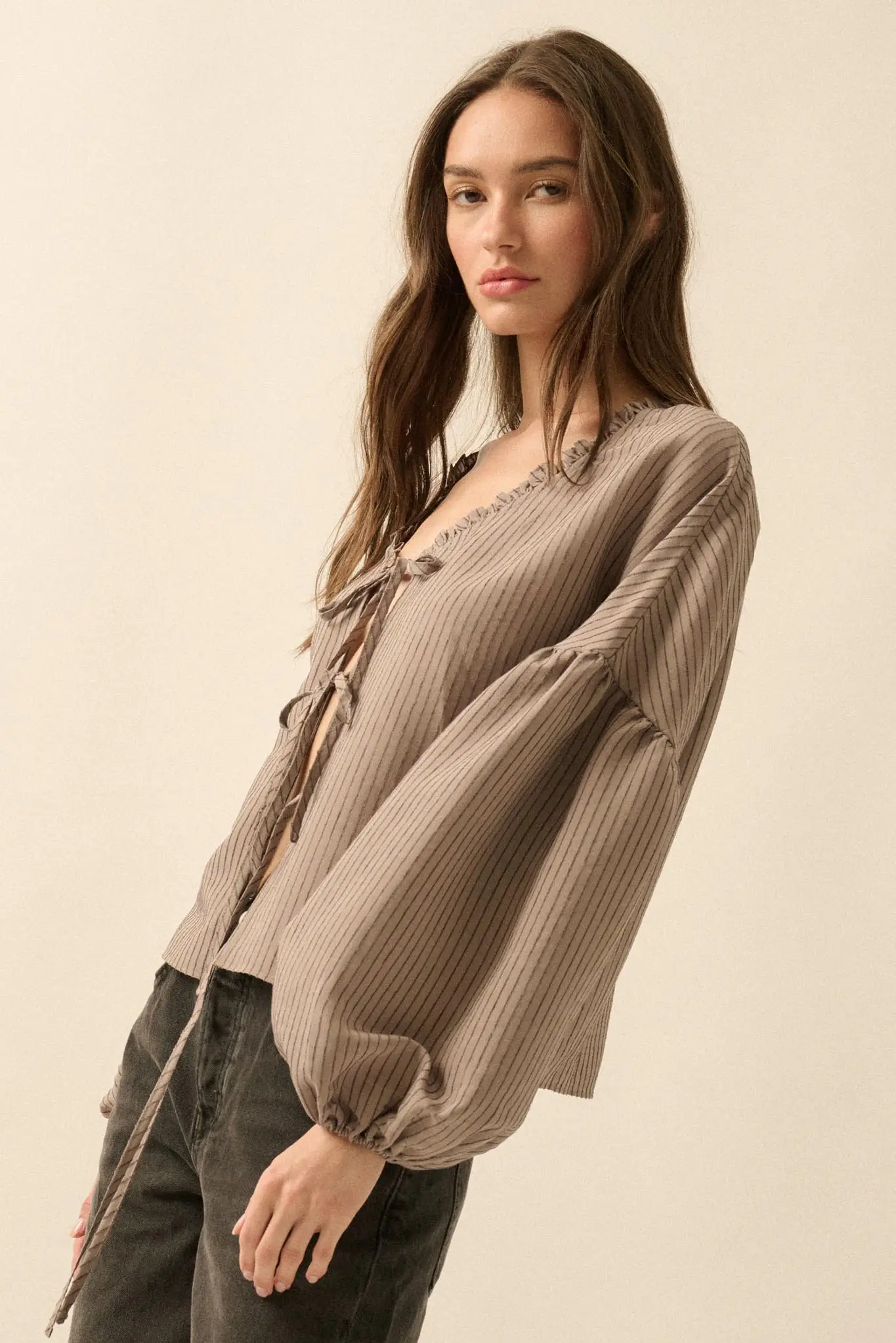 Love Me True Tie-Front Balloon-Sleeve Peasant Top - Image 6