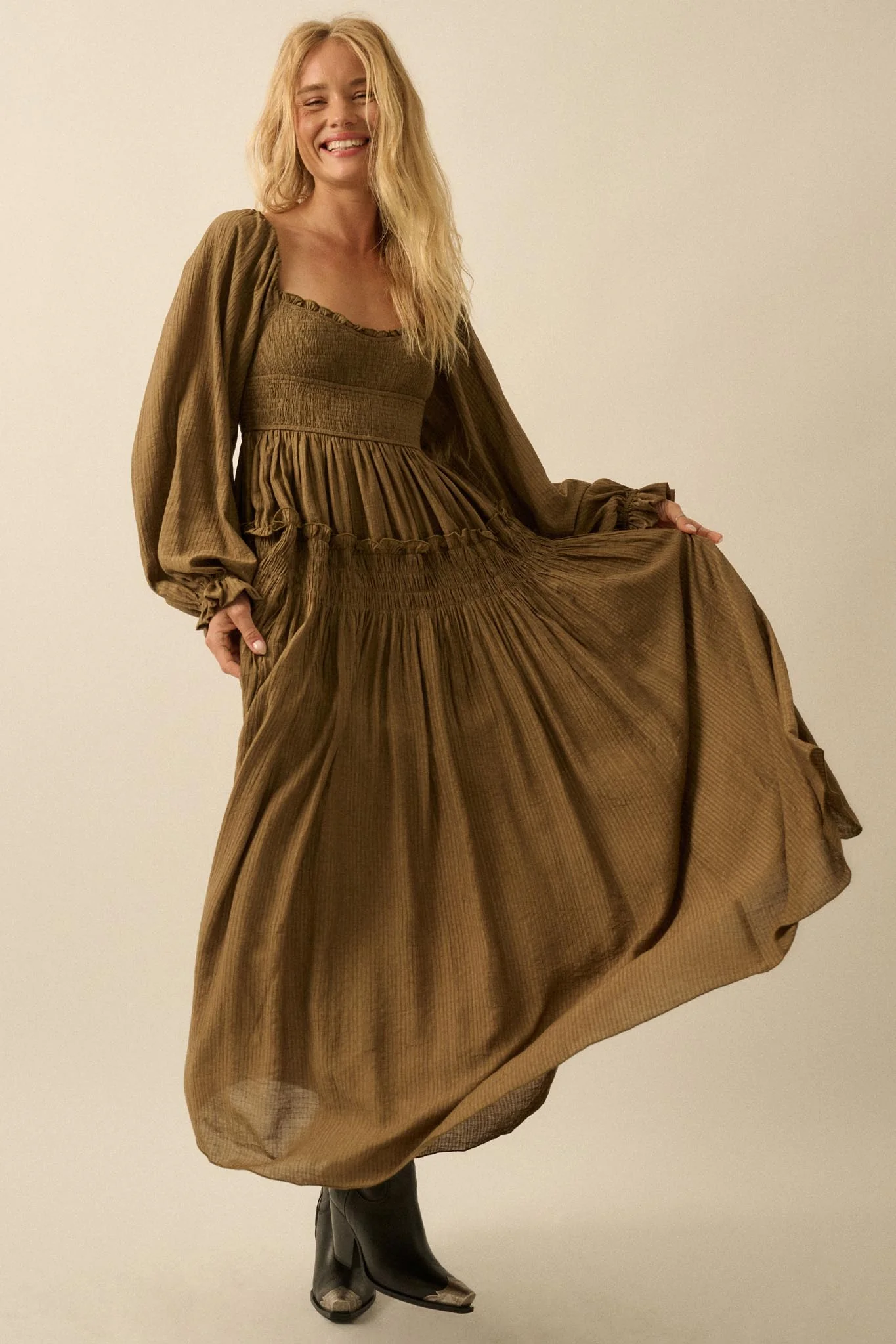 Love Story Smocked Tonal-Stripe Midi Peasant Dress - Image 10