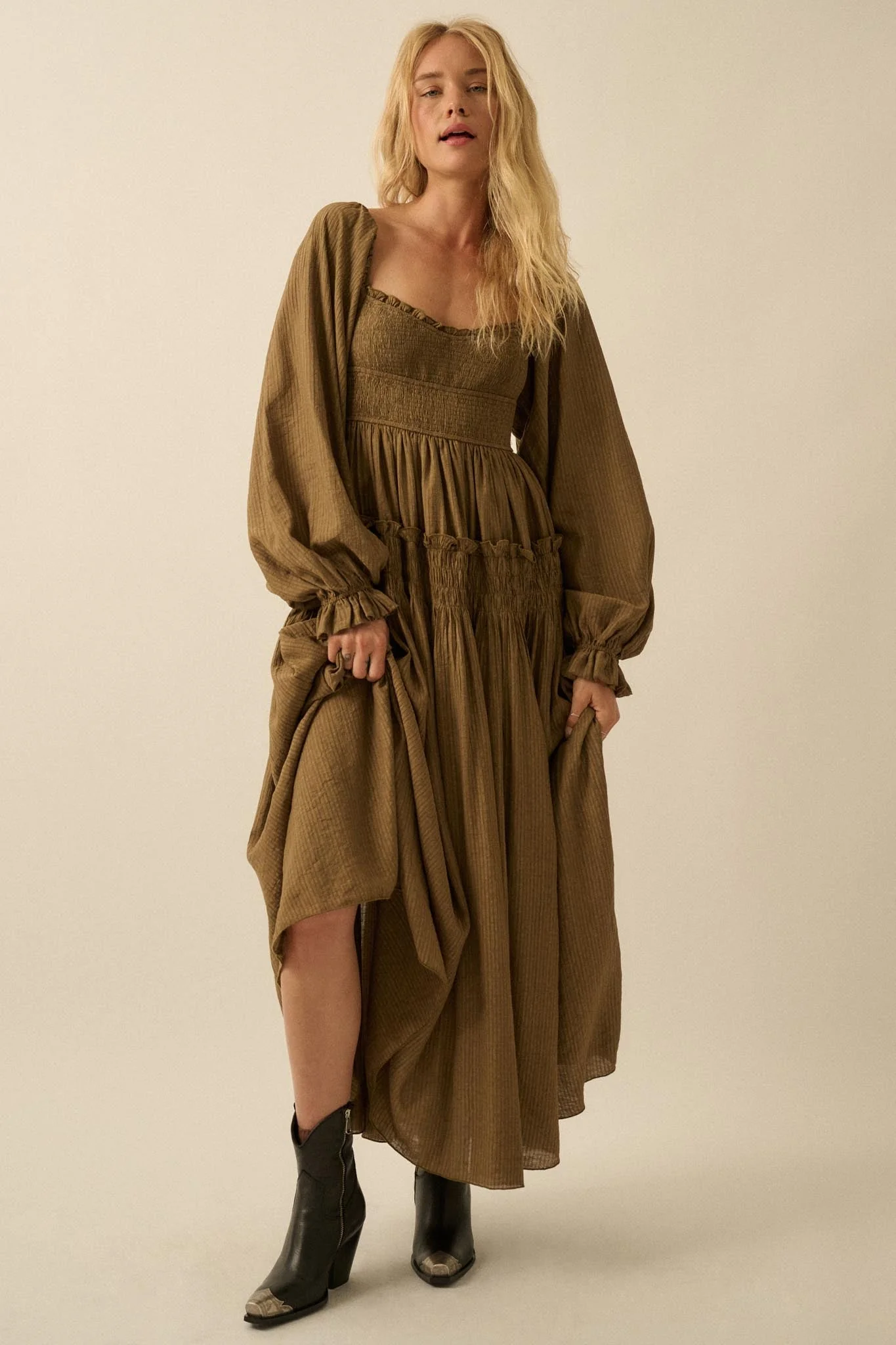 Love Story Smocked Tonal-Stripe Midi Peasant Dress - Image 12