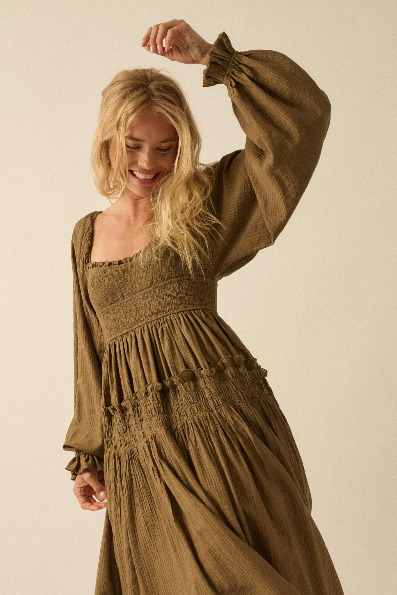 Love Story Smocked Tonal-Stripe Midi Peasant Dress - Image 13