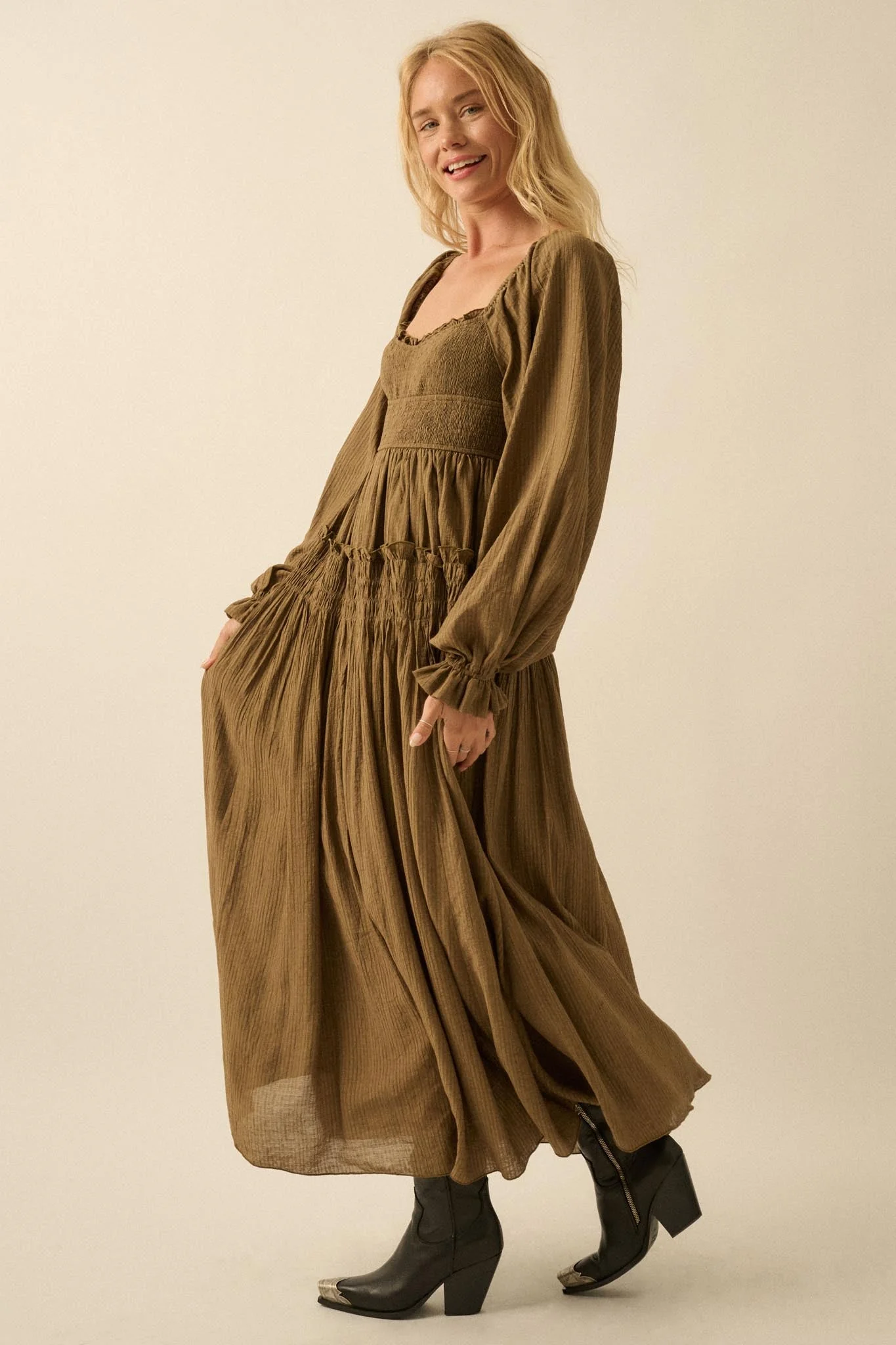 Love Story Smocked Tonal-Stripe Midi Peasant Dress - Image 14
