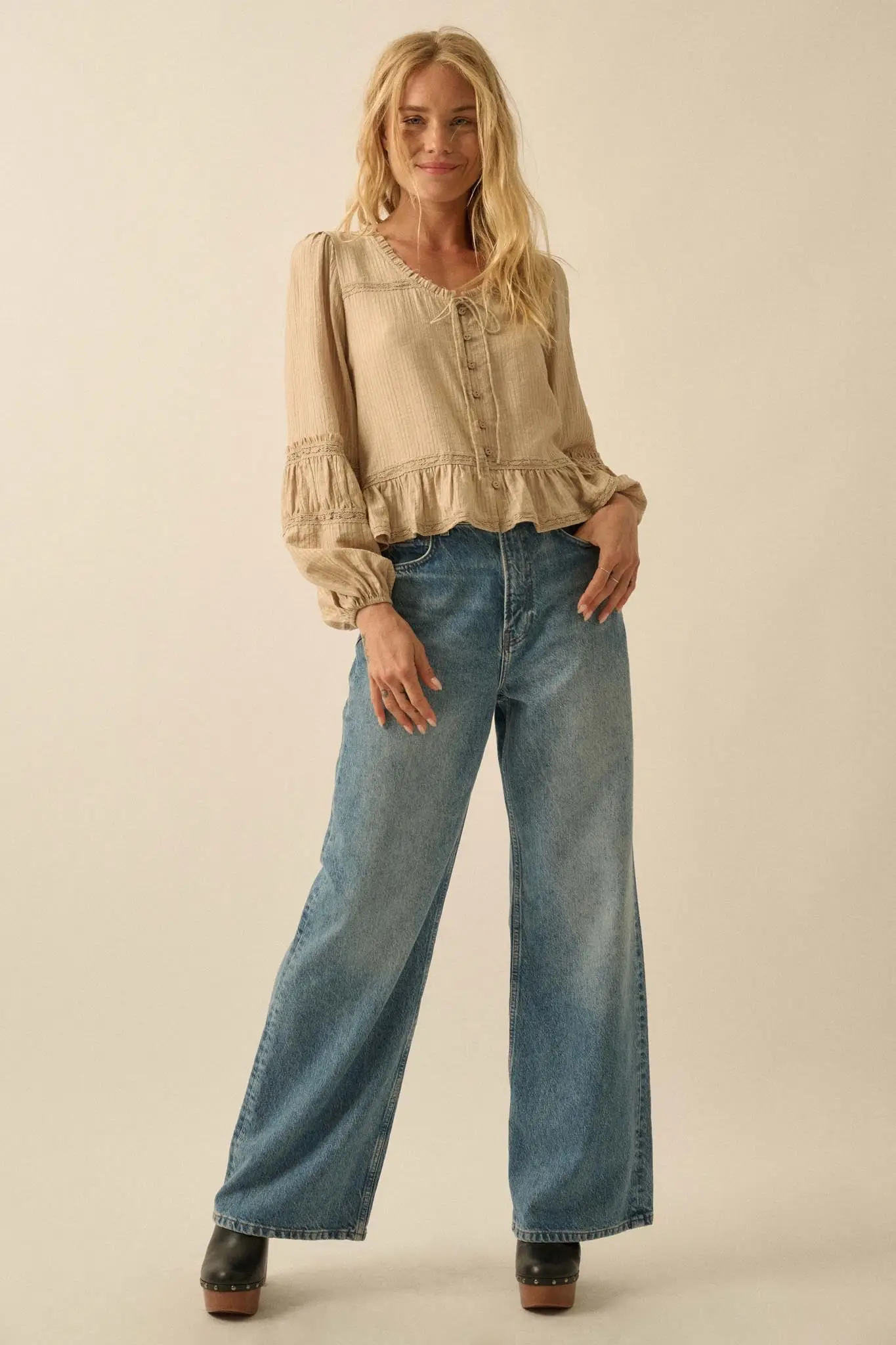 Lovely Day Button-Up Lace-Trim Ruffled Peasant Top - Image 9
