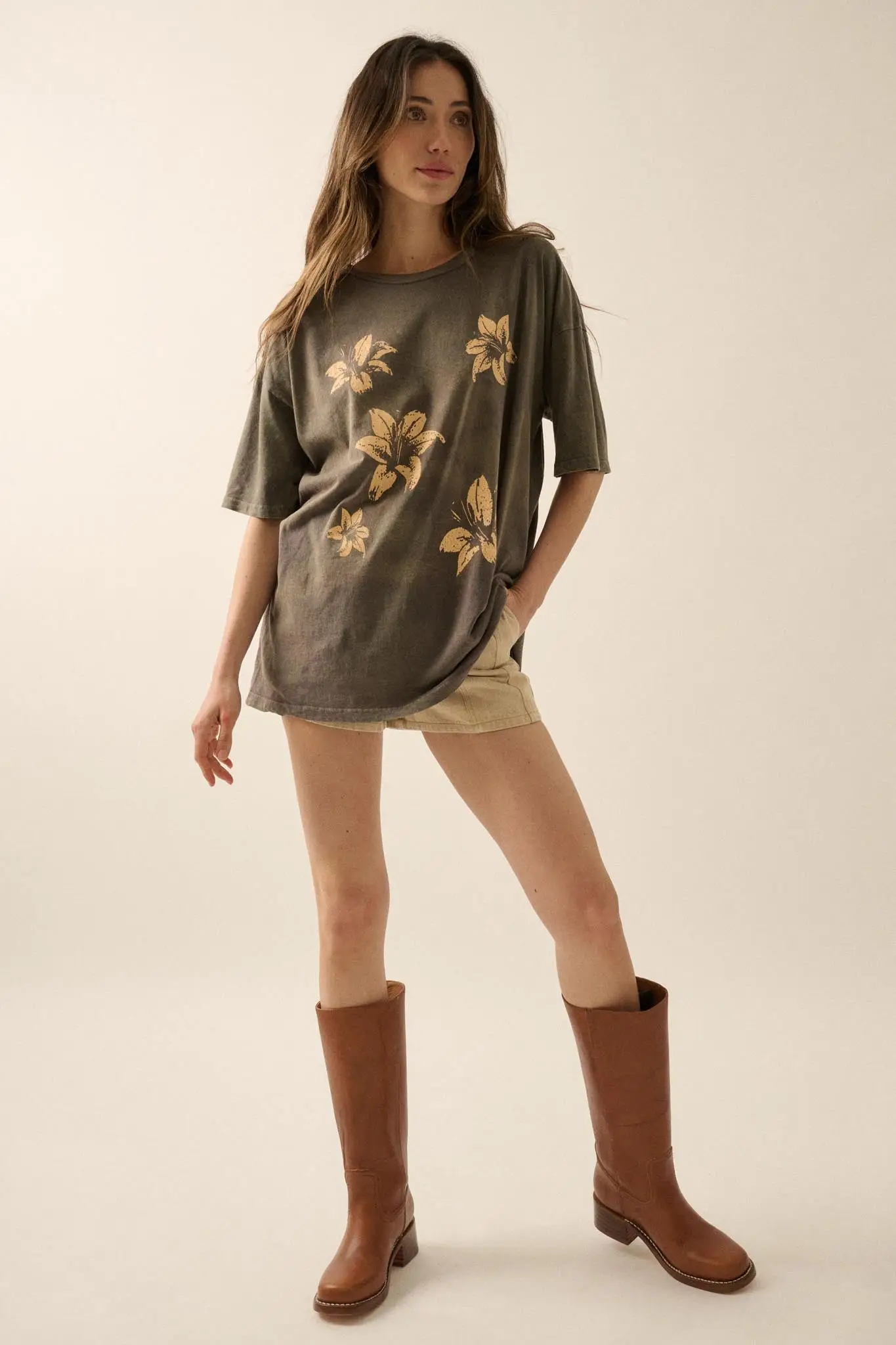 Lovely Lilies Vintage-Wash Oversize Graphic Tee - Image 4