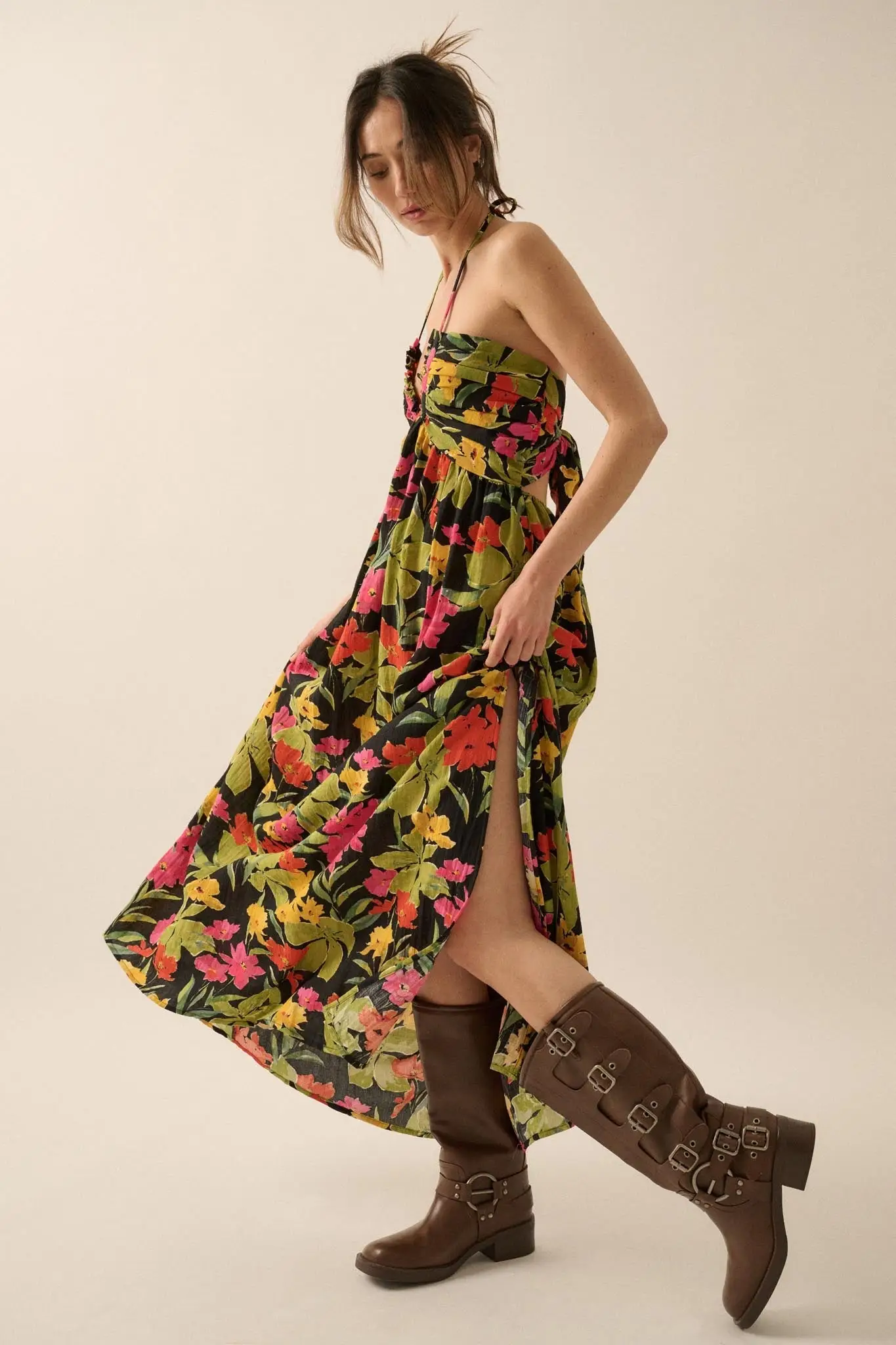 Lovely Luau Tropical Floral Halter Maxi Dress - Image 11