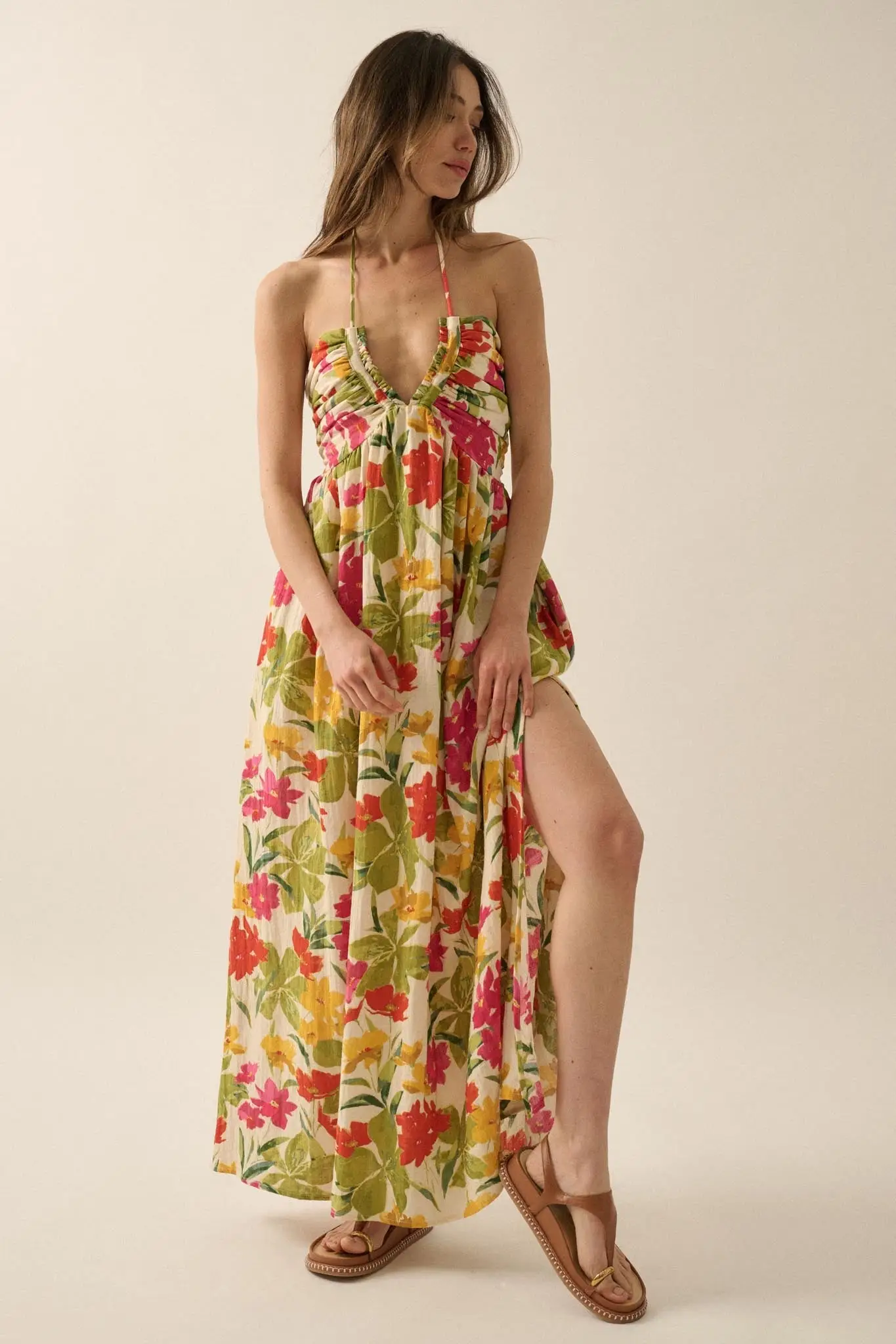 Lovely Luau Tropical Floral Halter Maxi Dress - Image 4
