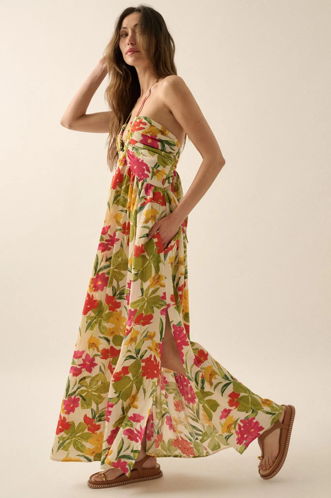 Lovely Luau Tropical Floral Halter Maxi Dress - Image 6