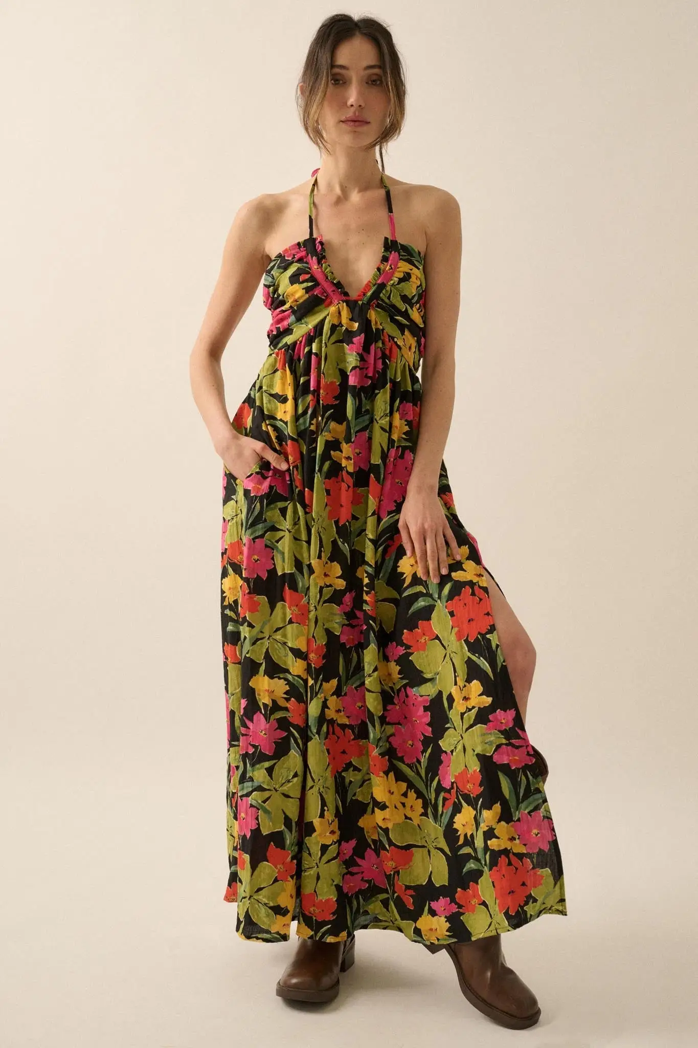 Lovely Luau Tropical Floral Halter Maxi Dress - Image 7