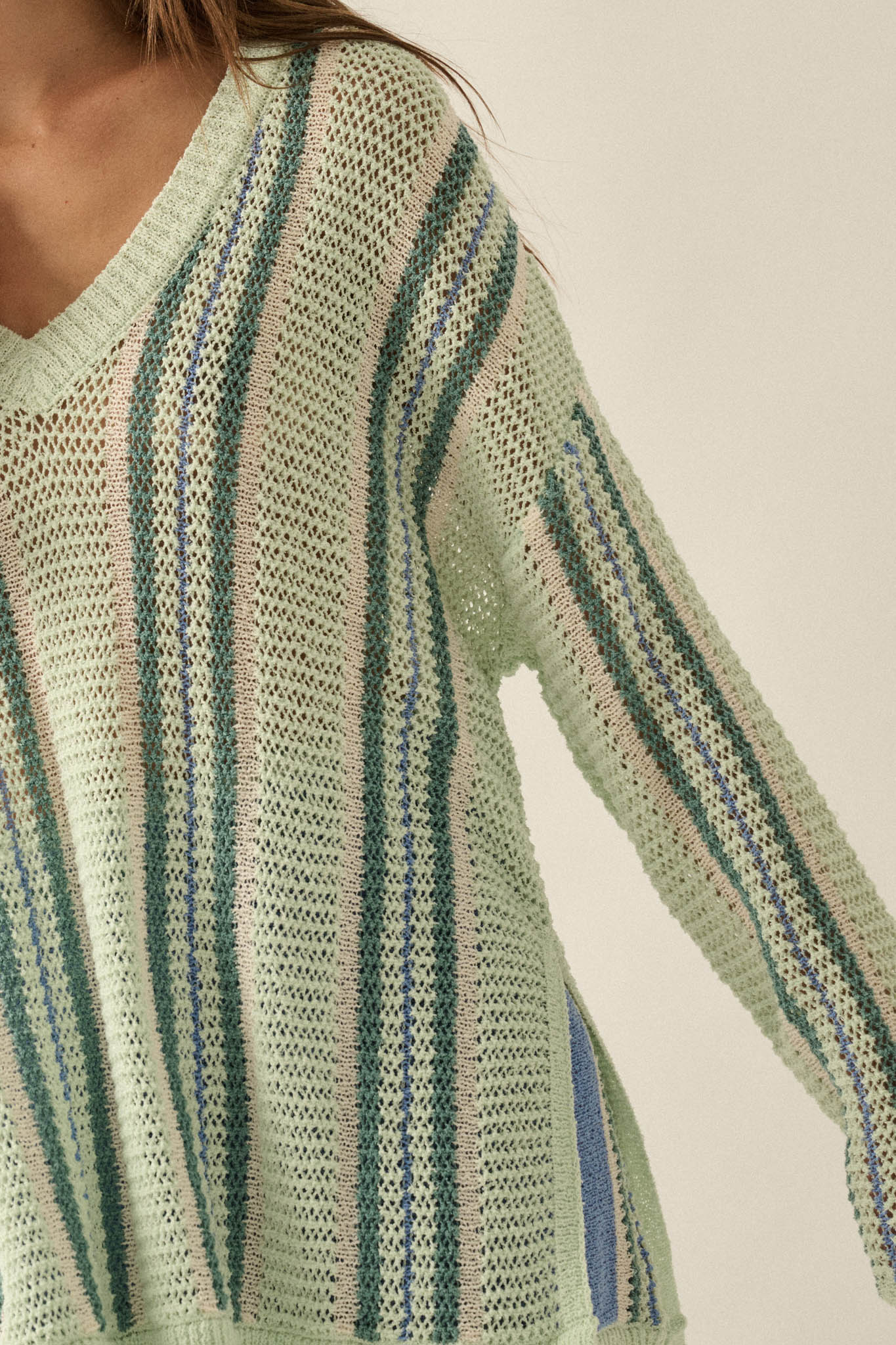 Low Tide Striped Crochet-Knit Oversize Sweater - Image 4