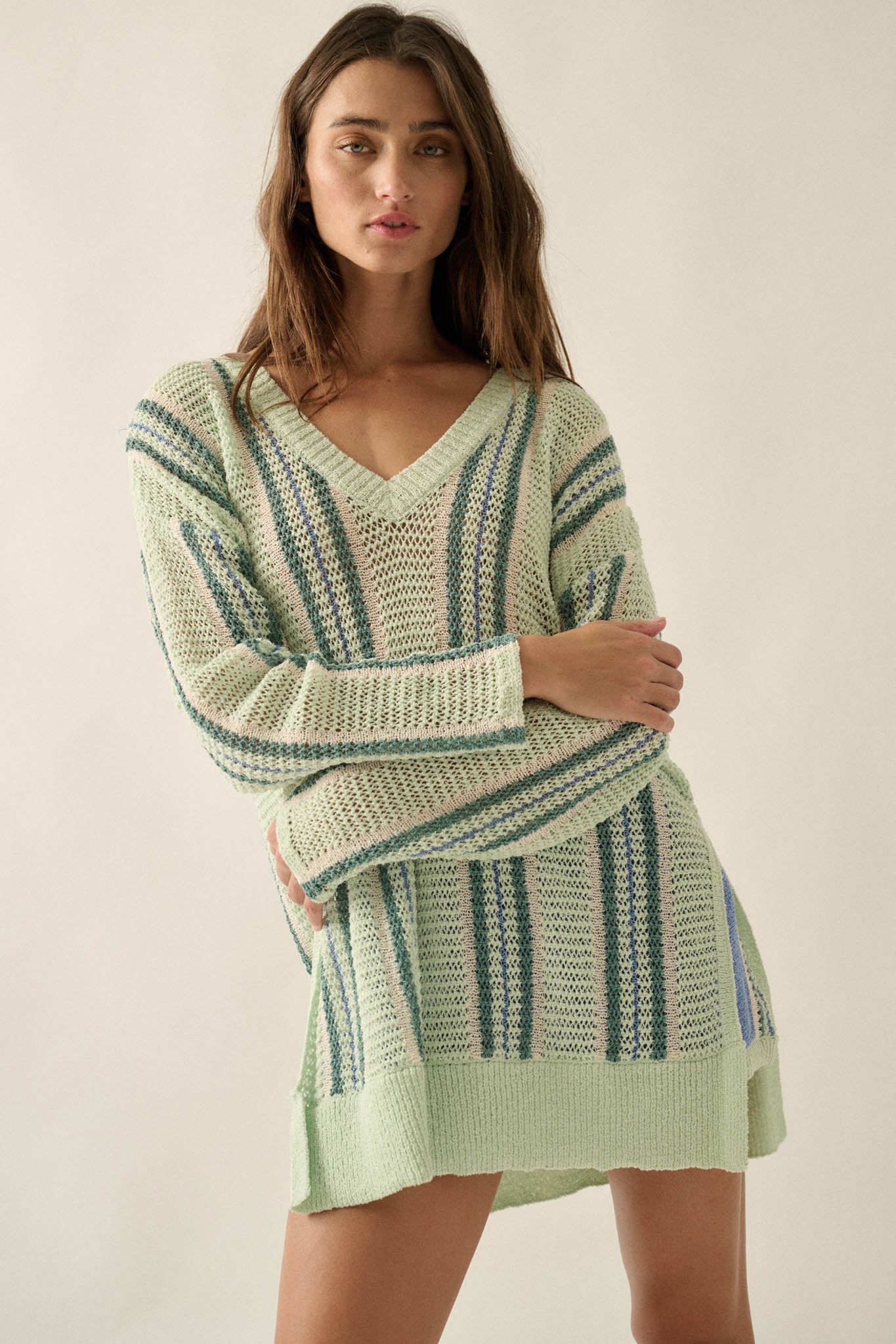 Low Tide Striped Crochet-Knit Oversize Sweater - Image 5