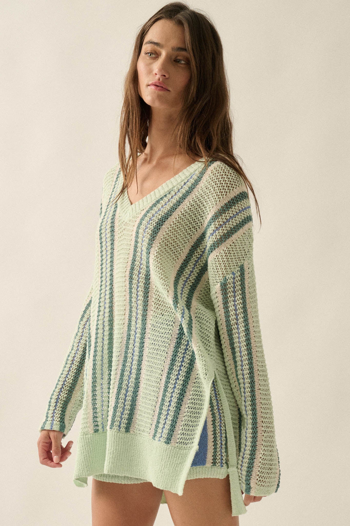 Low Tide Striped Crochet-Knit Oversize Sweater - Image 6