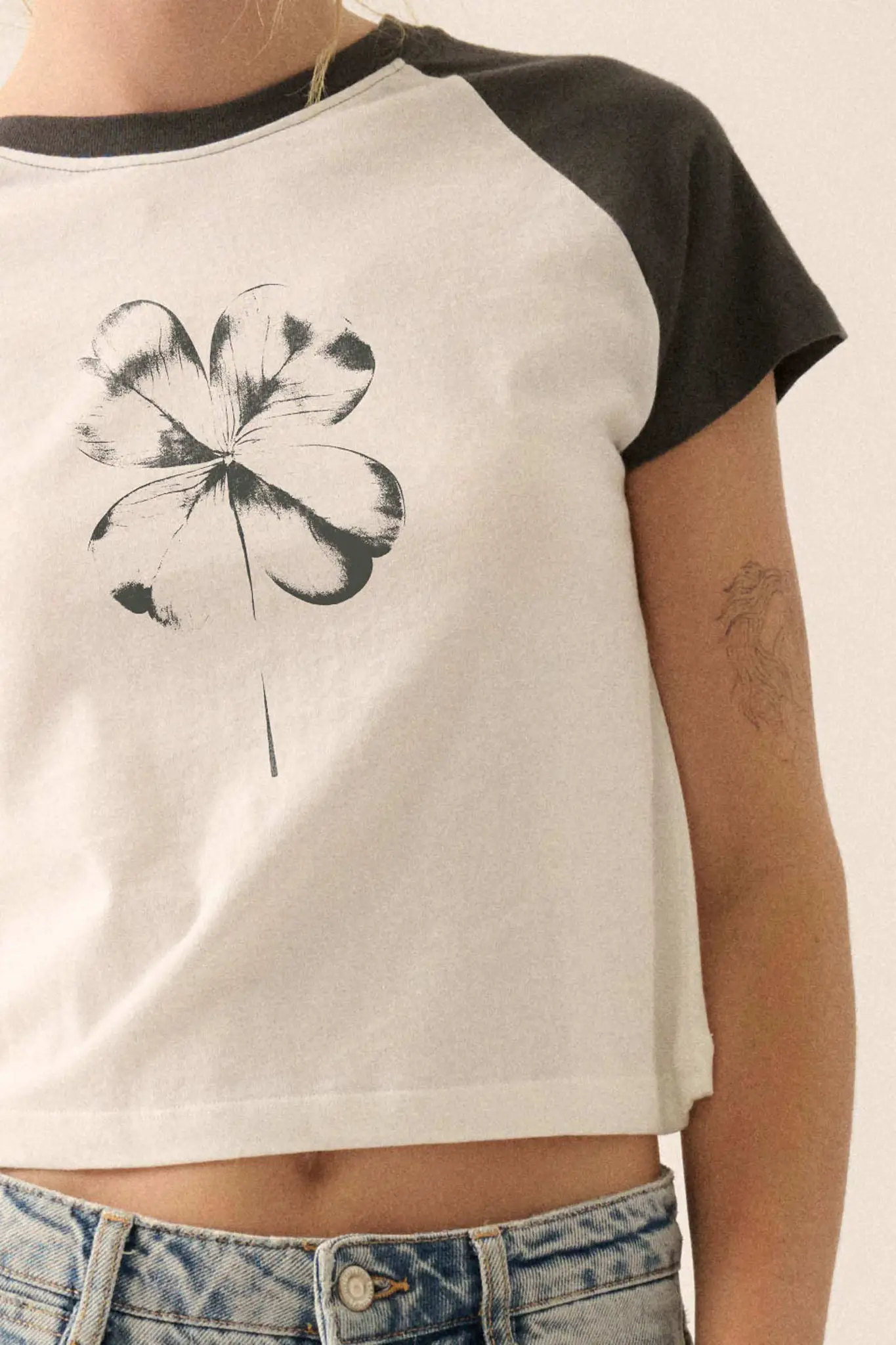 Lucky Clover Cropped Raglan Graphic Baby Tee - Image 2