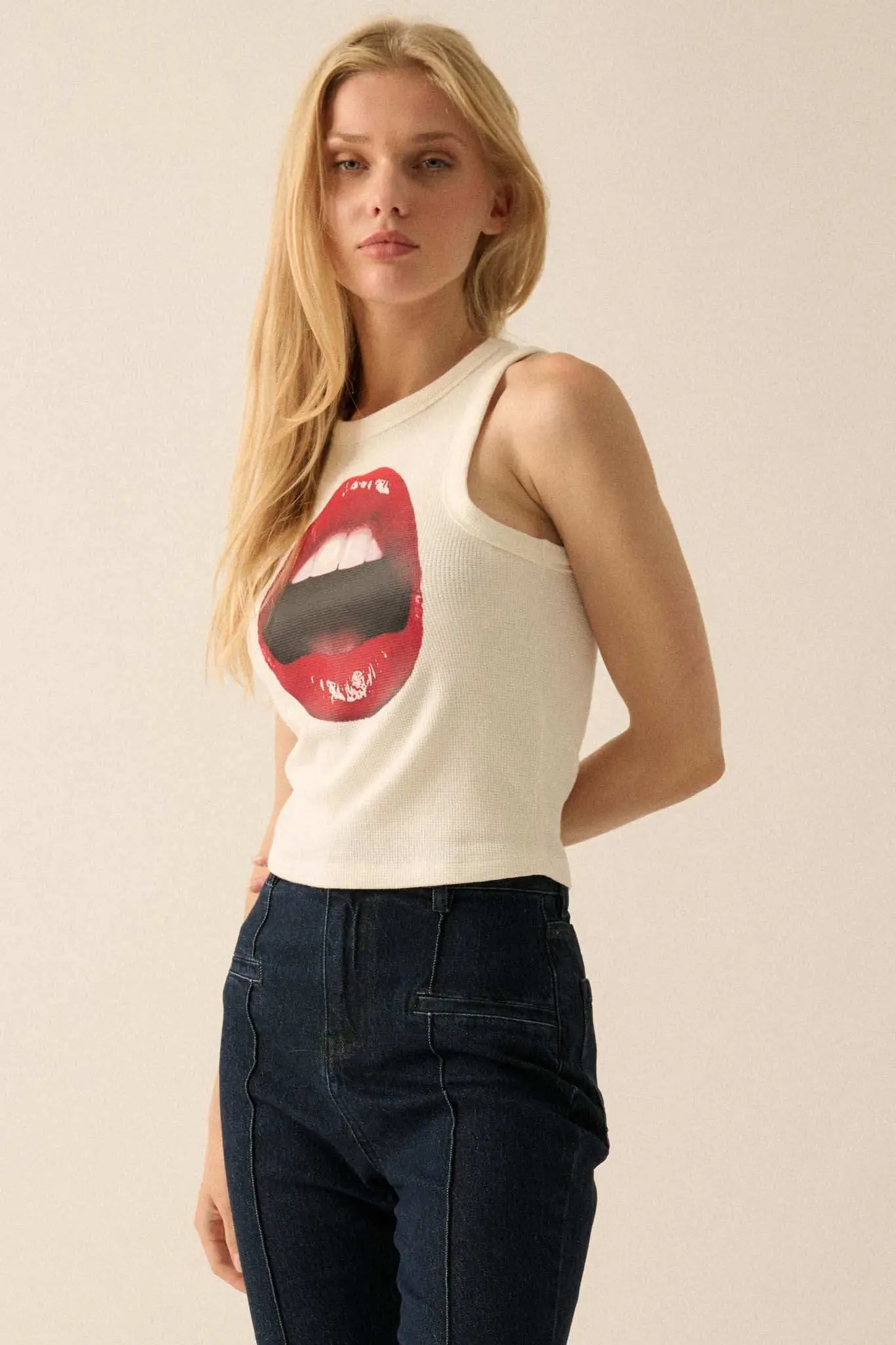 Lush Lips Crew-Neck Thermal Graphic Tank Top - Image 5