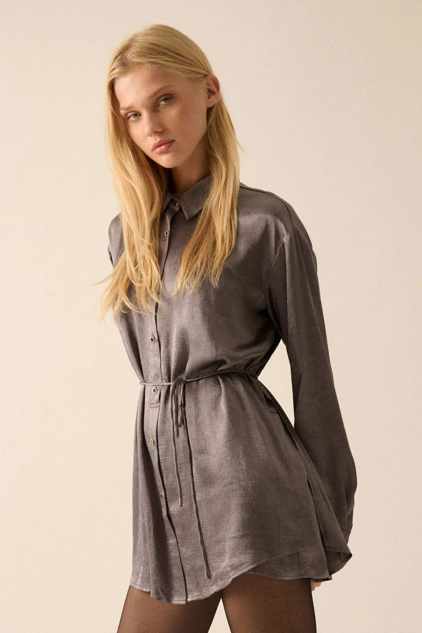 Luxe Aesthetic Textured Satin Belted Shirt Romper - Image 11