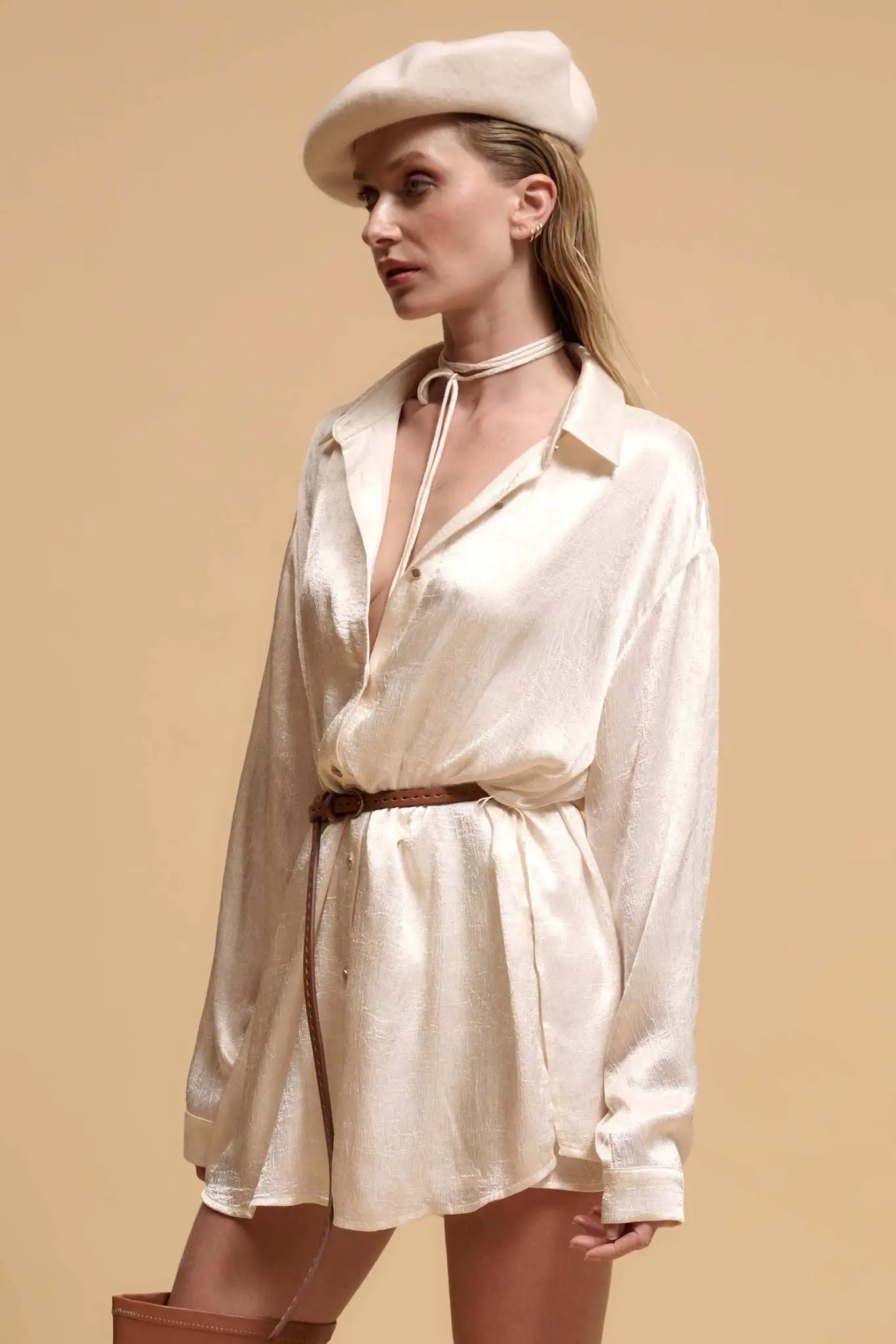 Luxe Aesthetic Textured Satin Belted Shirt Romper - Image 5