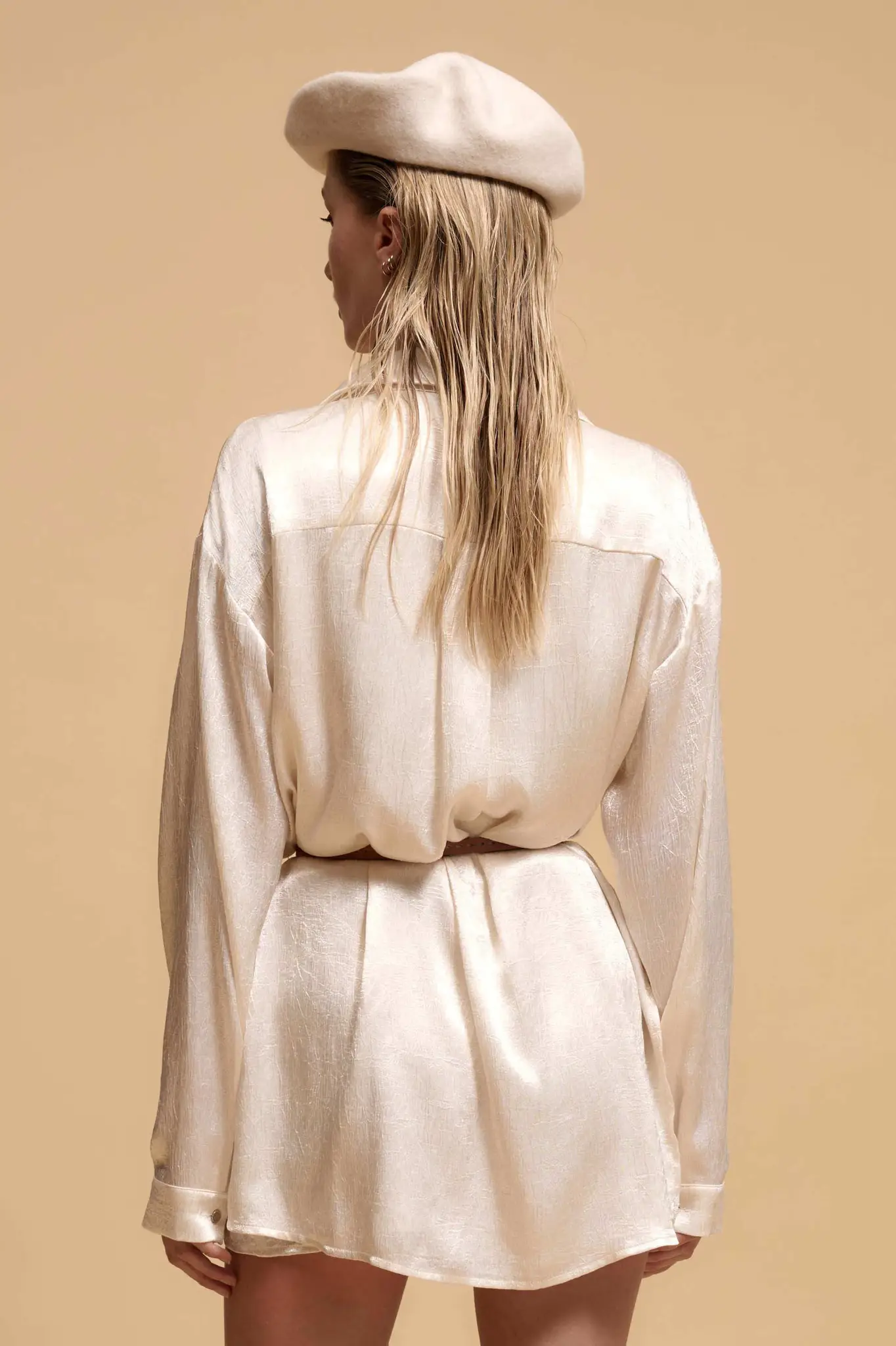 Luxe Aesthetic Textured Satin Belted Shirt Romper - Image 6