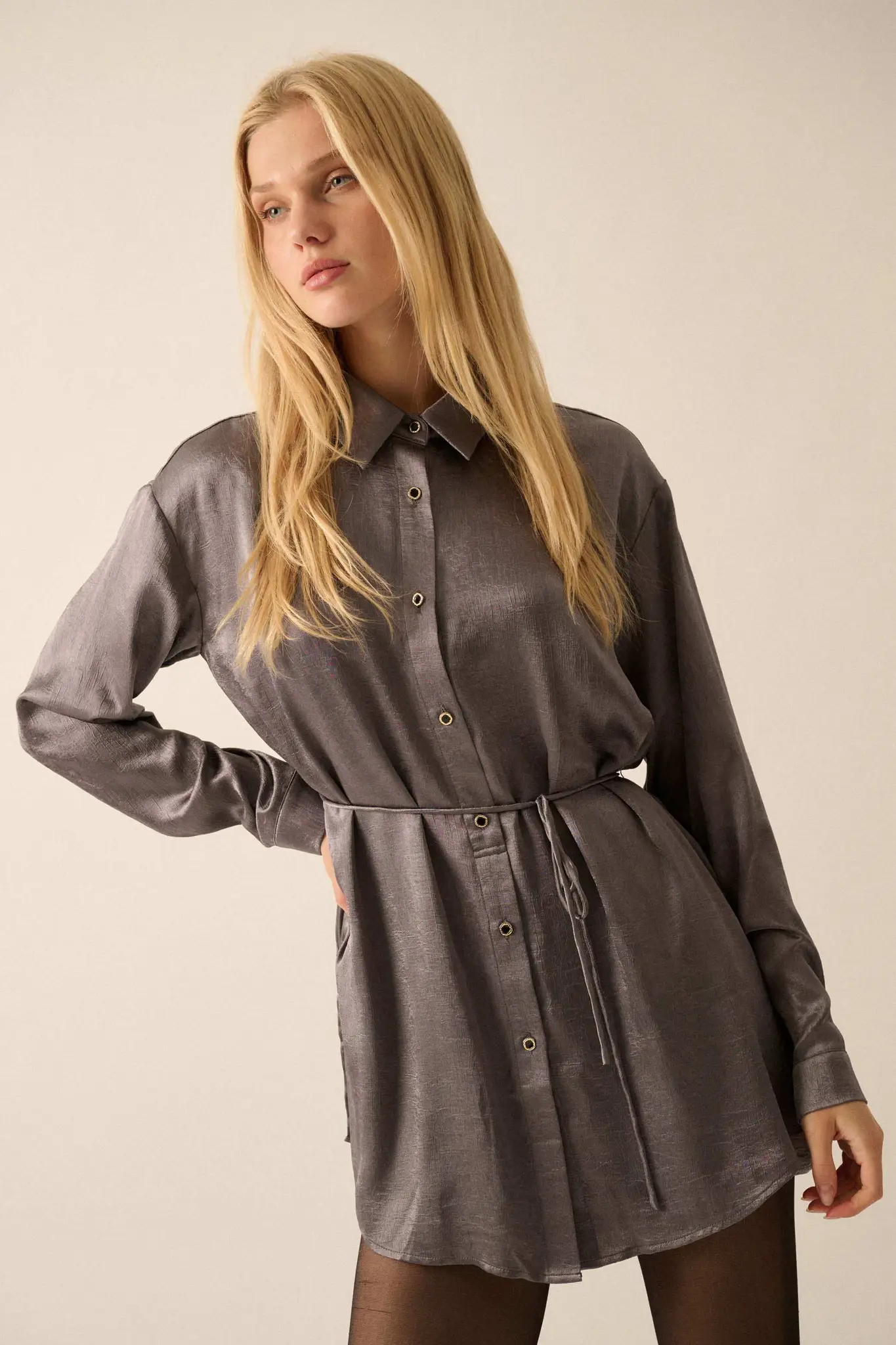 Luxe Aesthetic Textured Satin Belted Shirt Romper - Image 7