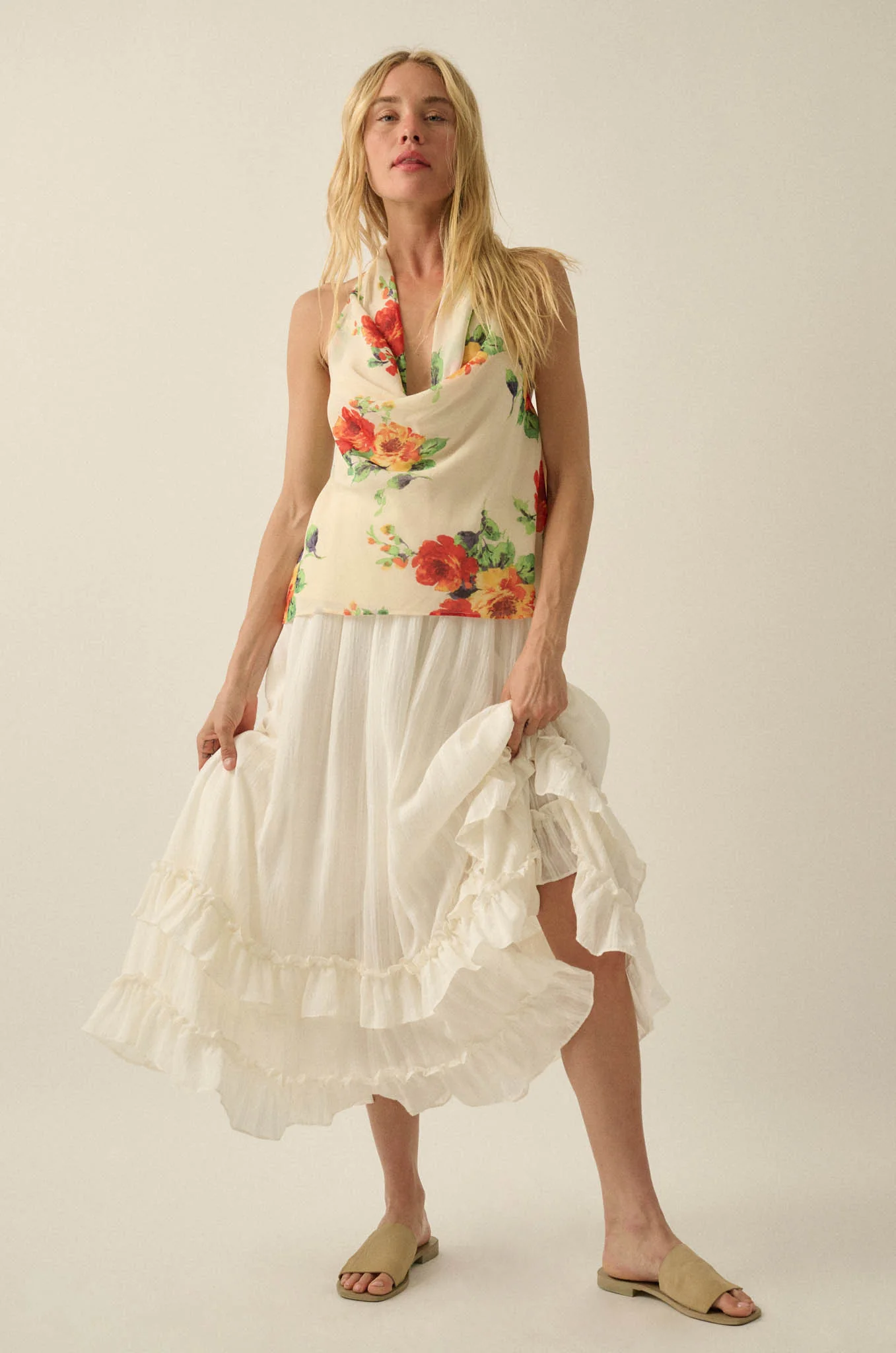 Magical Blooms Floral Chiffon Cowl-Neck Halter Top - Image 3