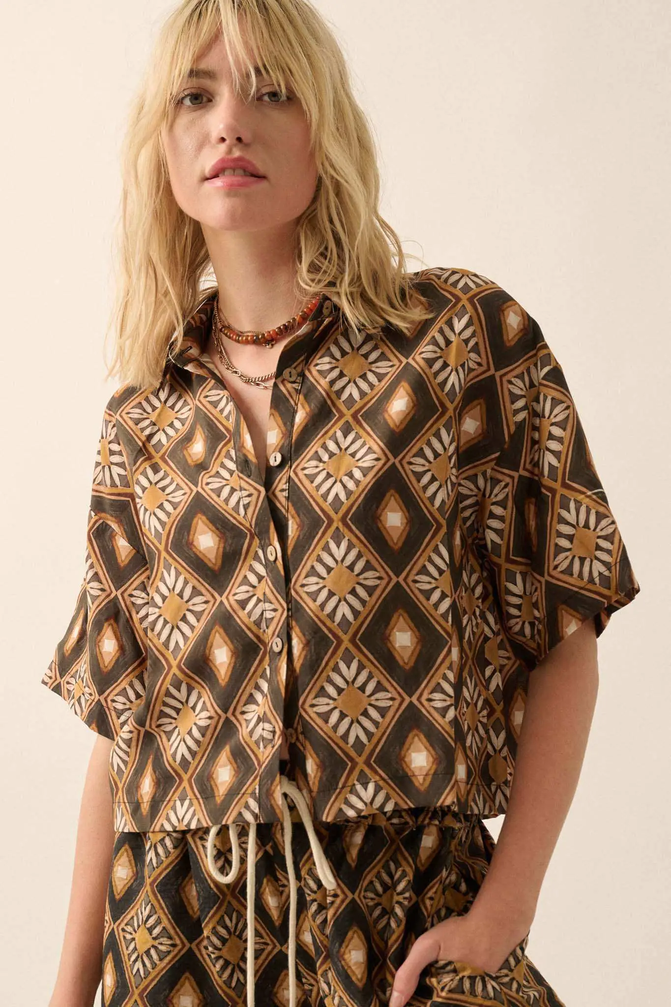 Mahogany Blooms Geometric Floral Camp Shirt - Image 3