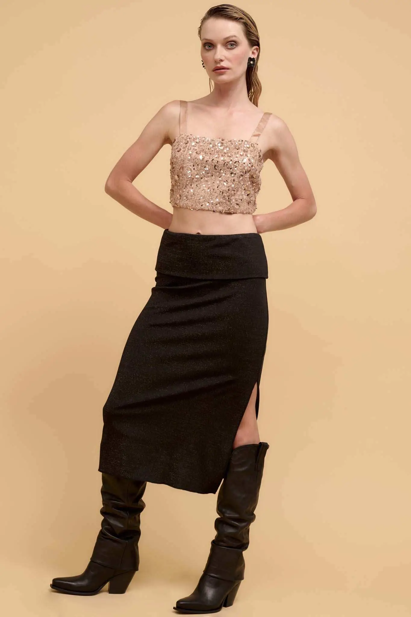 Make It Sparkle Shimmer Knit Foldover Midi Skirt - Image 10