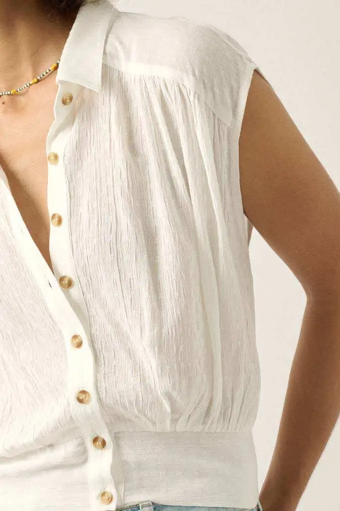Make My Day Jacquard Sleeveless Button-Up Top - Image 11