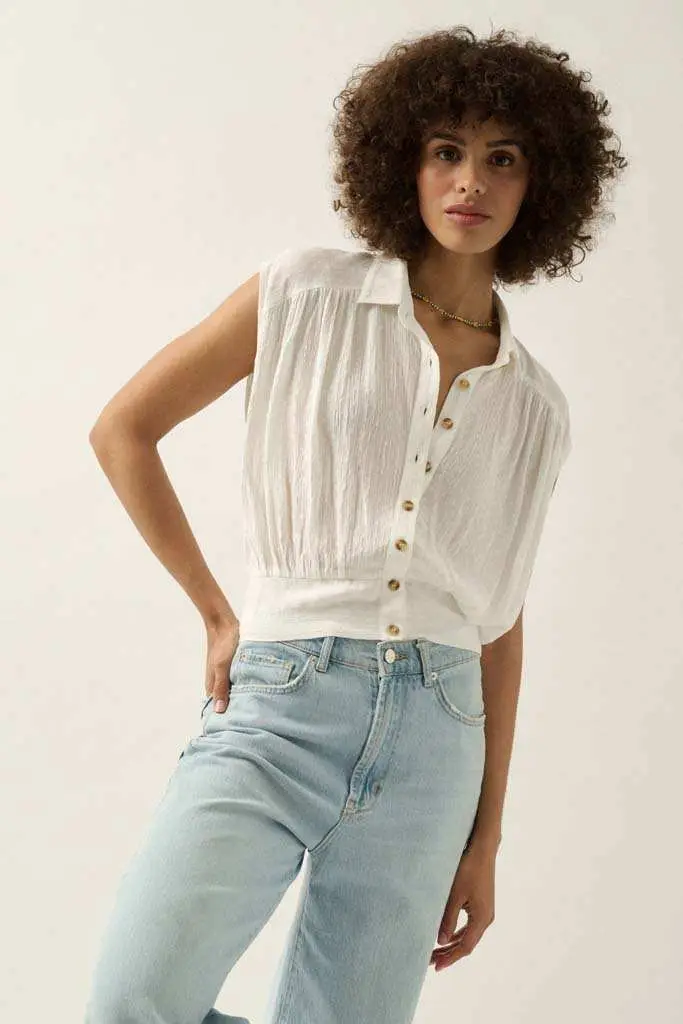 Make My Day Jacquard Sleeveless Button-Up Top - Image 12