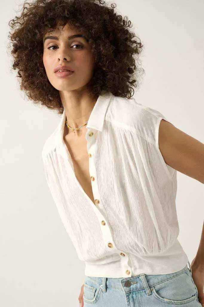 Make My Day Jacquard Sleeveless Button-Up Top - Image 14