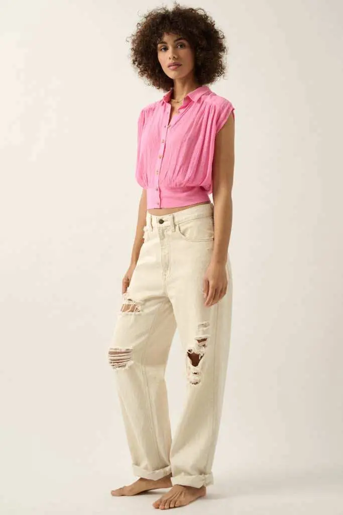 Make My Day Jacquard Sleeveless Button-Up Top - Image 8