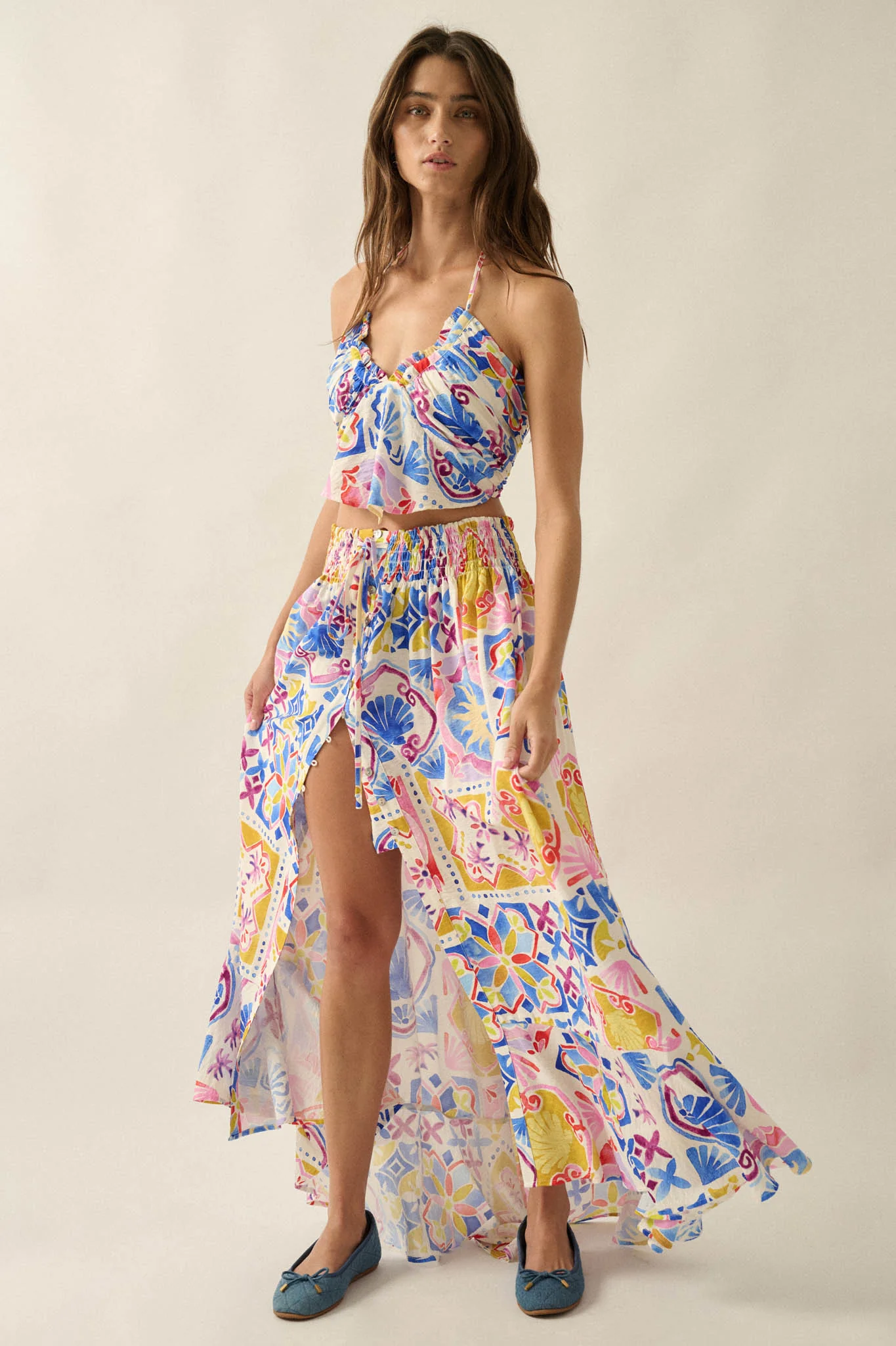 Mallorca Music Tile-Print Button-Front Maxi Skirt - Image 7