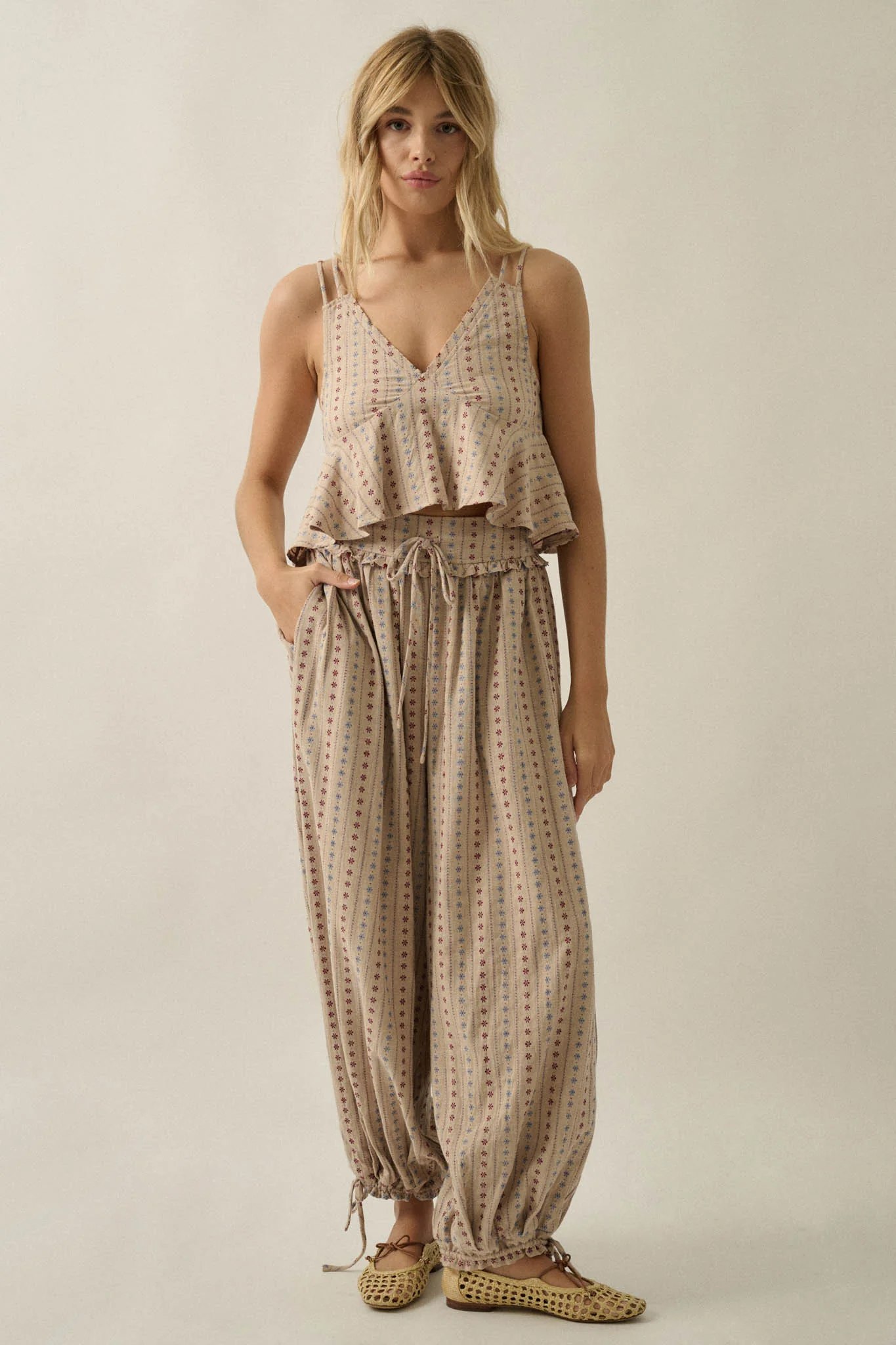 Market Day Floral-Stripe Cotton Babydoll Cami Top - Image 4