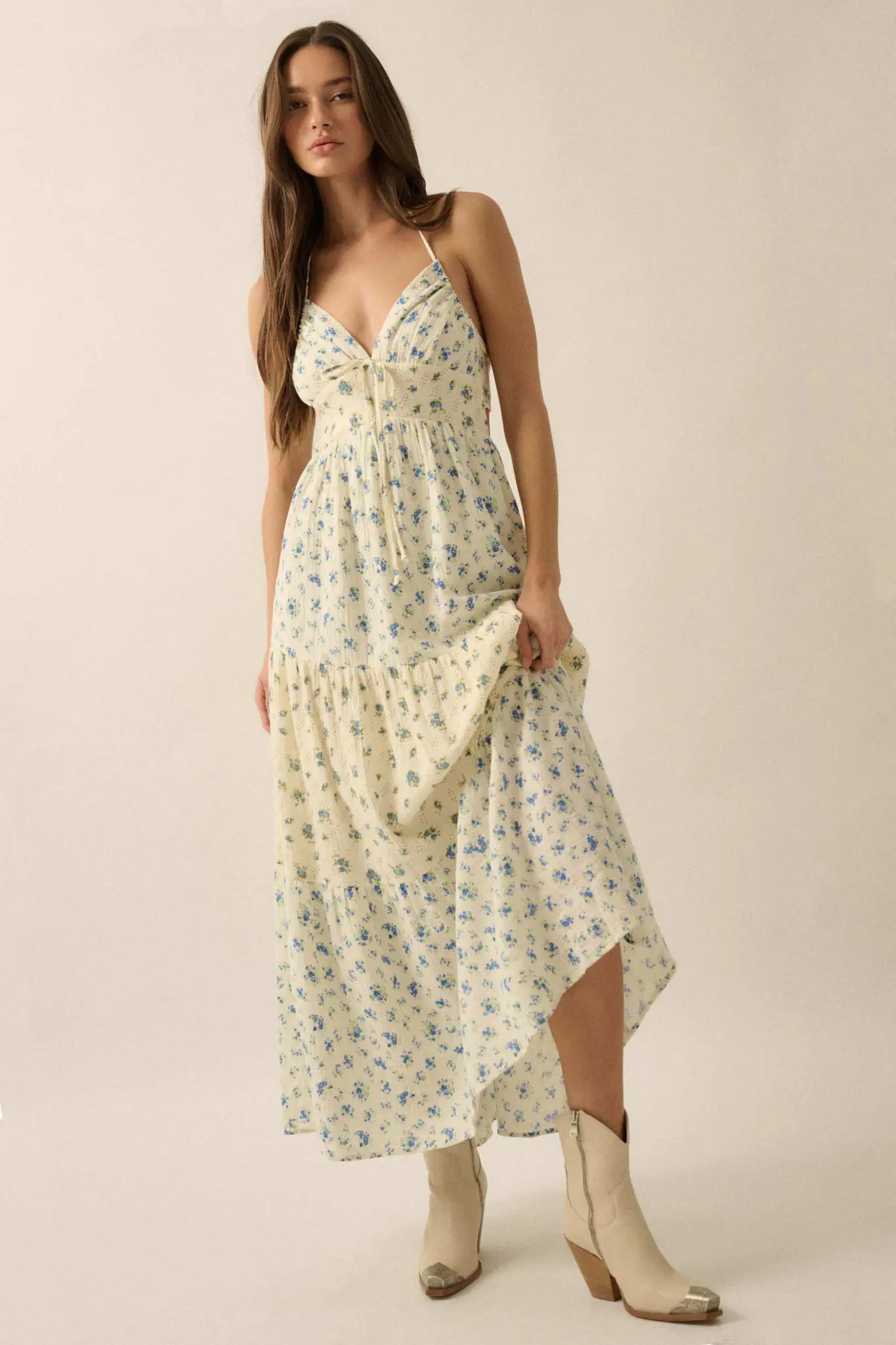 Meadow Garden Floral Gauze Tie-Back Maxi Dress