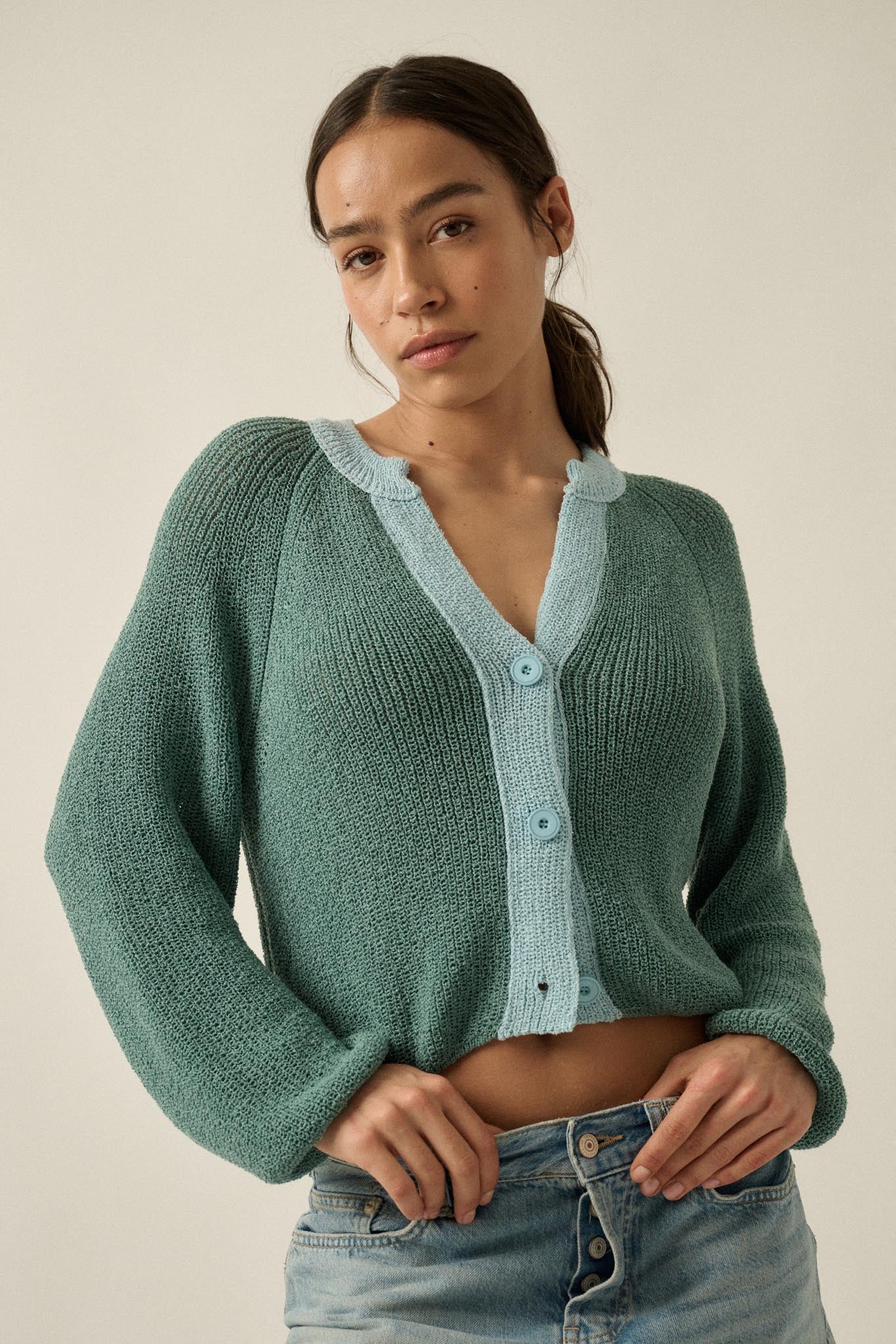 Meant to Be Contrast Knit Cropped Cardigan - Image 5